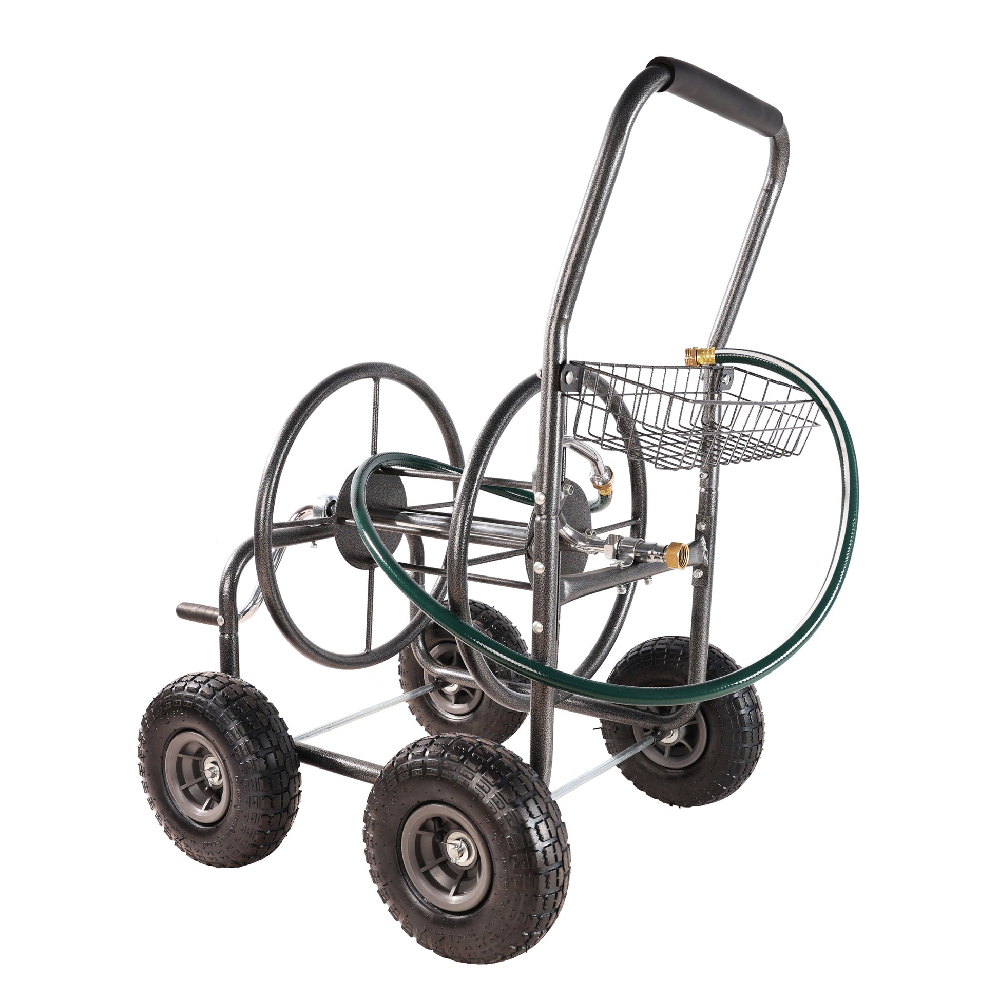 Garden Hose Reel Cart 4 Wheels Portable Garden Hose Reel Cart With Storage Basket Rust Resistant Heavy Duty Water Hose Holder Green Dark Green Abs Rubber Steel Q235