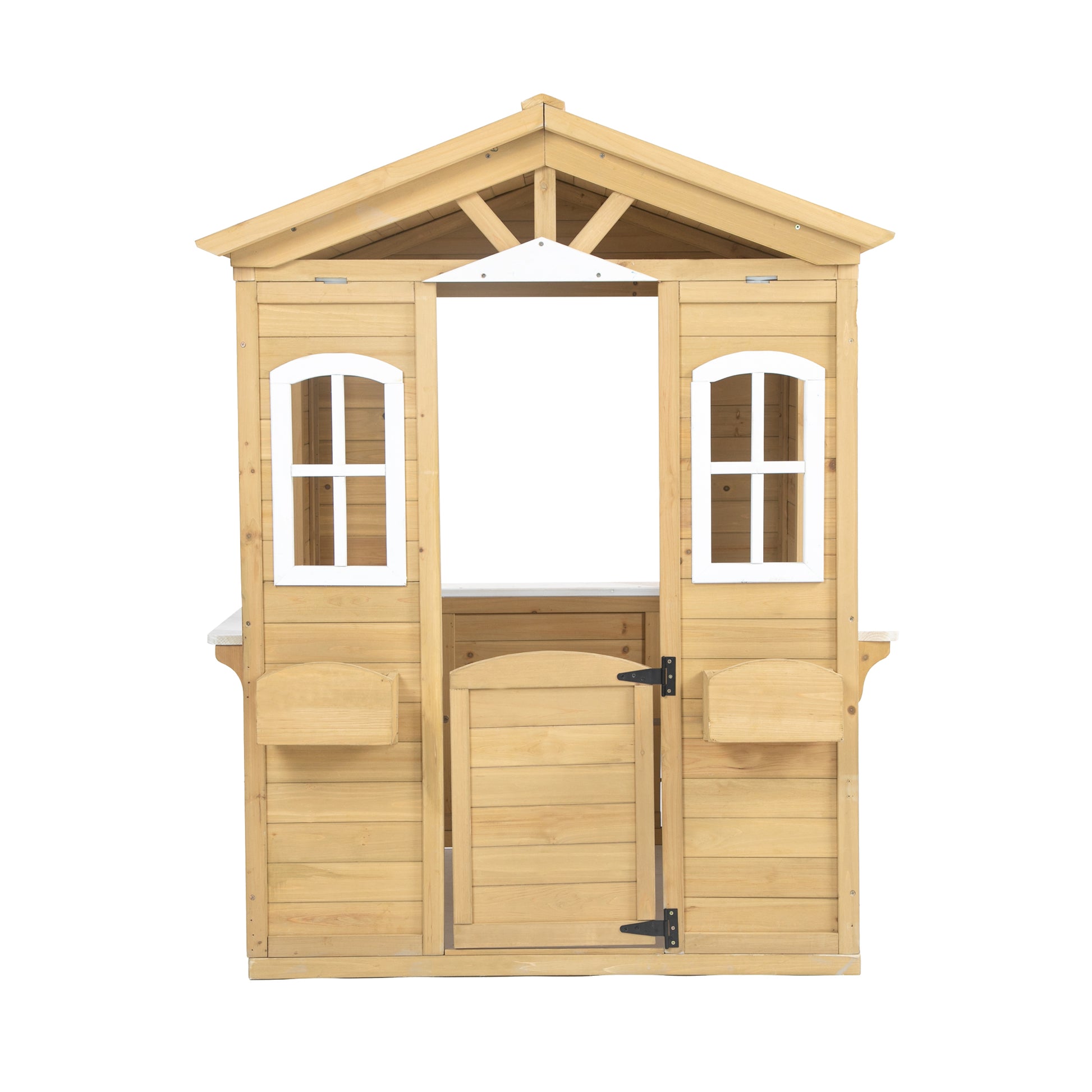 Wooden Playhouse For Kids Outdoor With Working Door, Windows, Mailbox, Flowers Pot Holder, 39" X 38" X 55.5" Natural Solid Wood