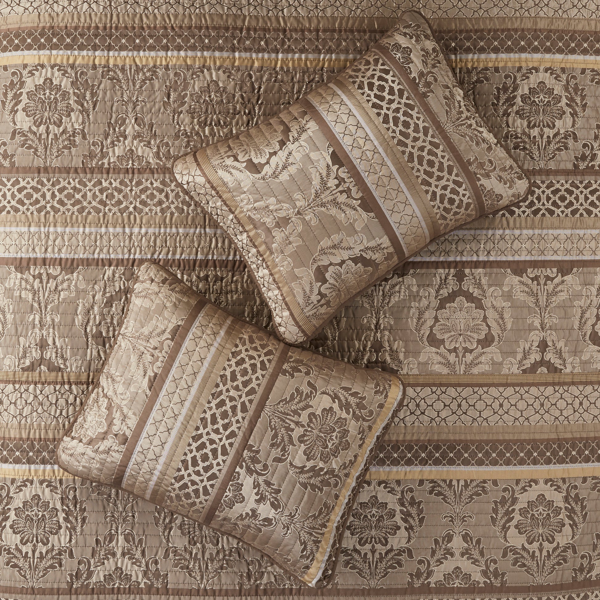 6 Piece Jacquard Quilt Set With Throw Pillows Brown Gold King Cal King King Brown Gold Cotton