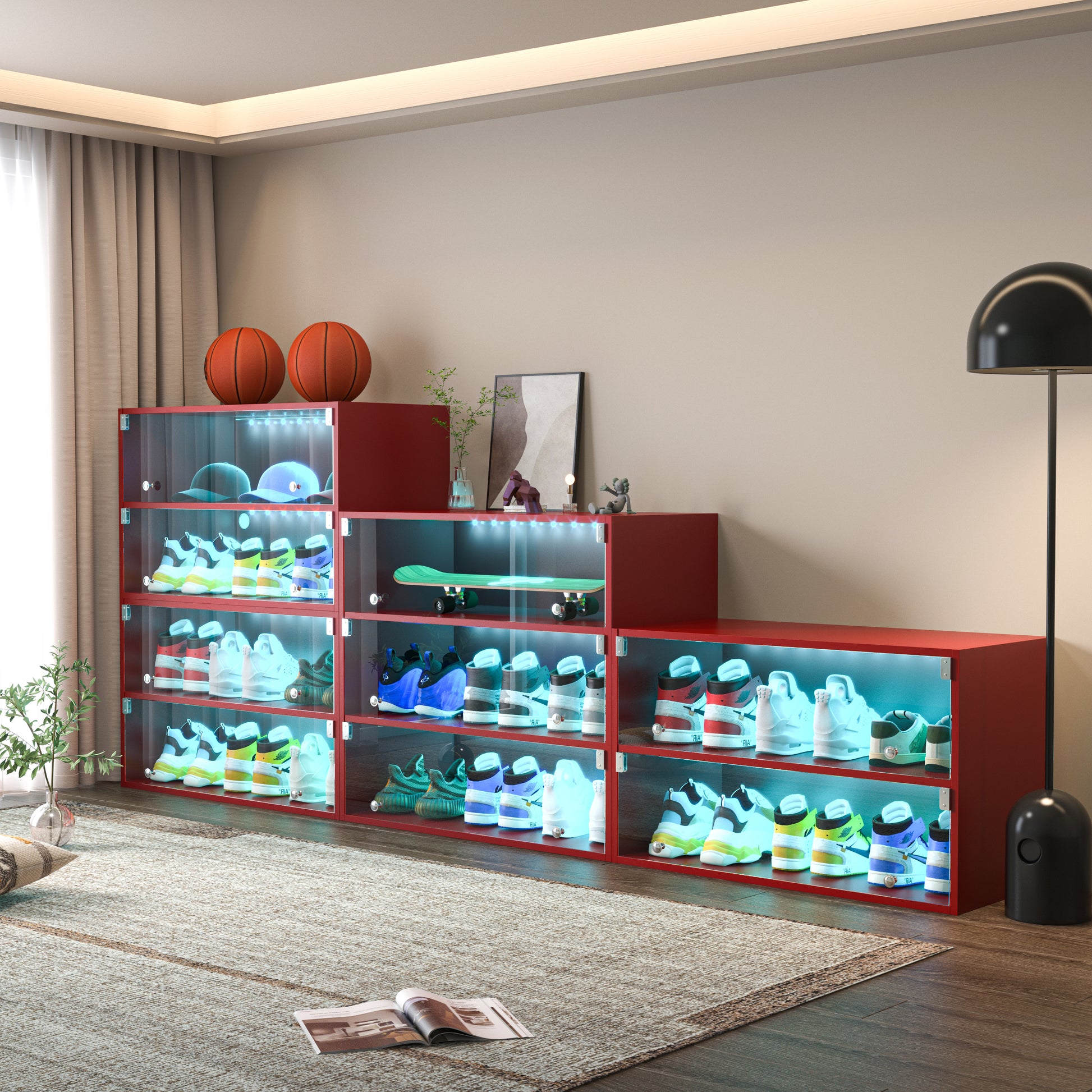 Red Glass Door Shoe Box Shoe Storage Cabinet For Sneakers With Rgb Led