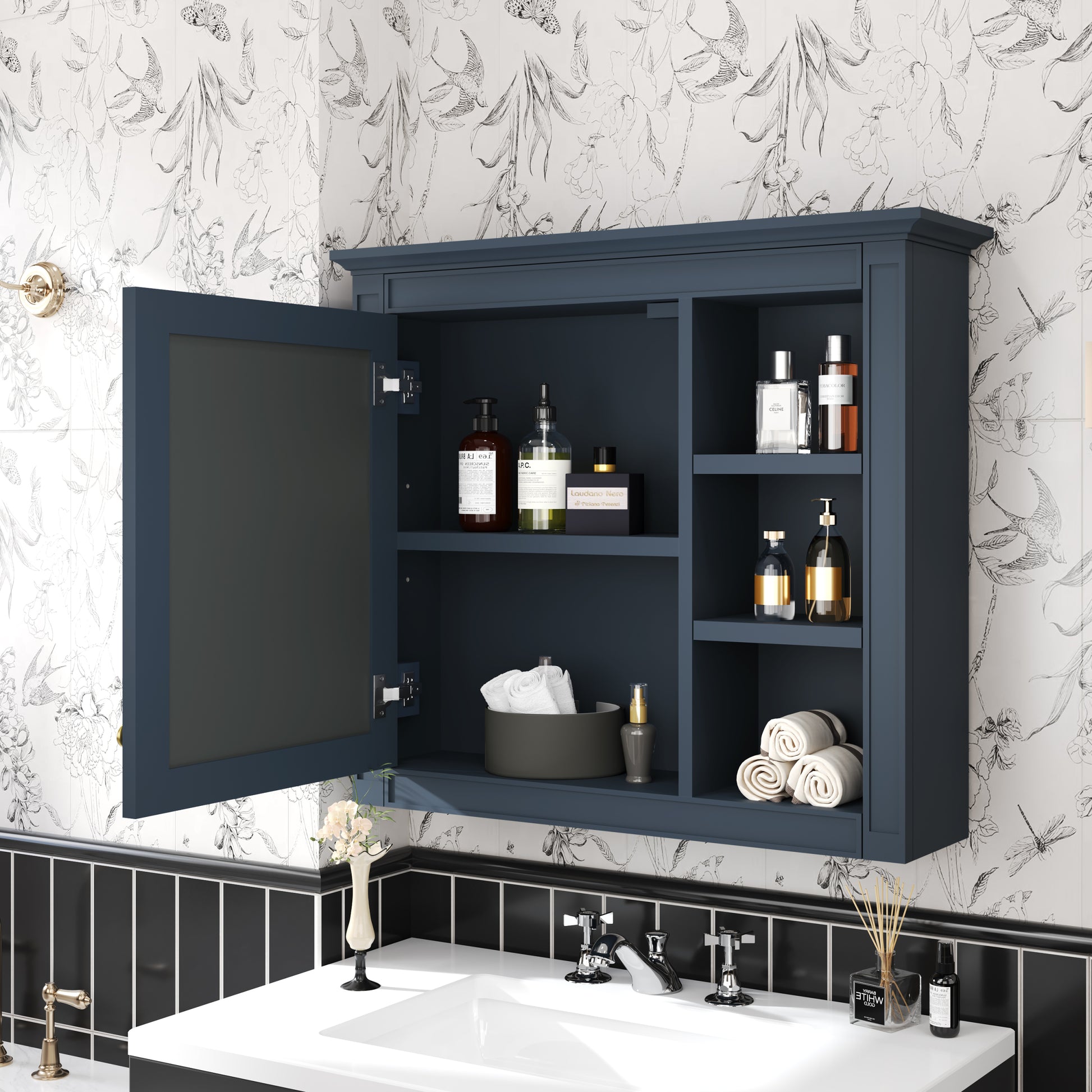 30'' X 28'' Medicine Cabinet, Wall Mounted Bathroom Storage Cabinet, Modern Bathroom Wall Cabinet With Mirror,Medicine Cabinet, Mirror Cabinet With 3 Open Shelves Not Include Bathroom Vanity Blue 1 5 Adjustable Shelves Bathroom Wall Mounted Modern Mdf