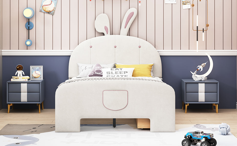 Full Size Velvet Platform Bed With Rabbit Shaped Headboard, With Drawers, With Bed End Storage Pocket, Beige Full Beige Plywood