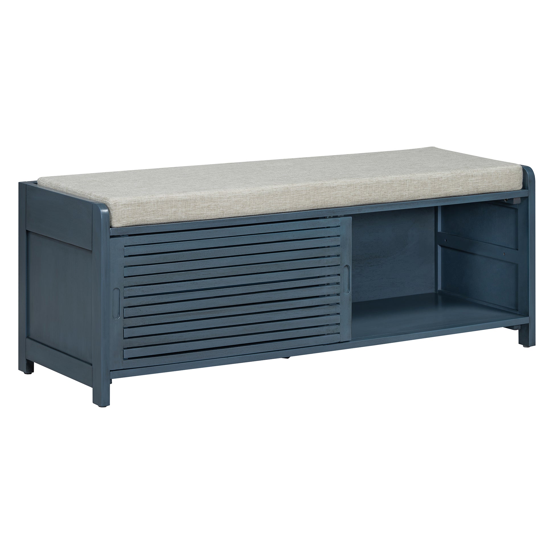 Distressed Shutter Storage Bench With Acacia Veneer For Retro Charm For Living Room, Entryway Navy Navy Mdf