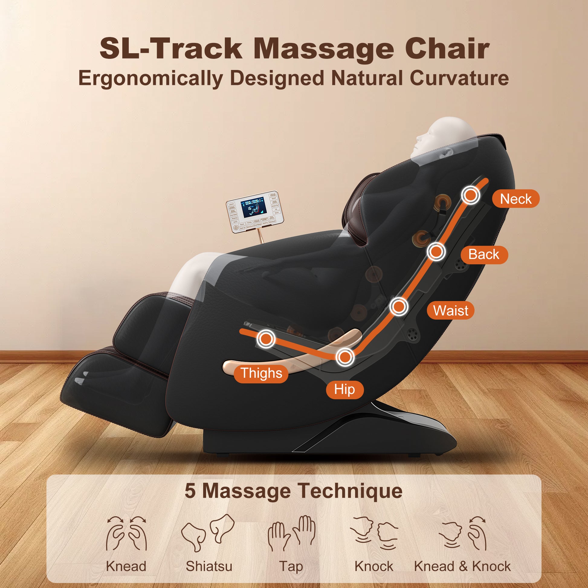 Deluxe Massage Chair, Full Body Zero Gravity Recliner With Ai Voice Control, Sl Track, Bluetooth, Foot Rollers, Airbags, Heating Black Black Brown Faux Leather Power Remote Primary Living Space Medium Duty Luxury,Modern Push Button Polyurethane Foam Abs