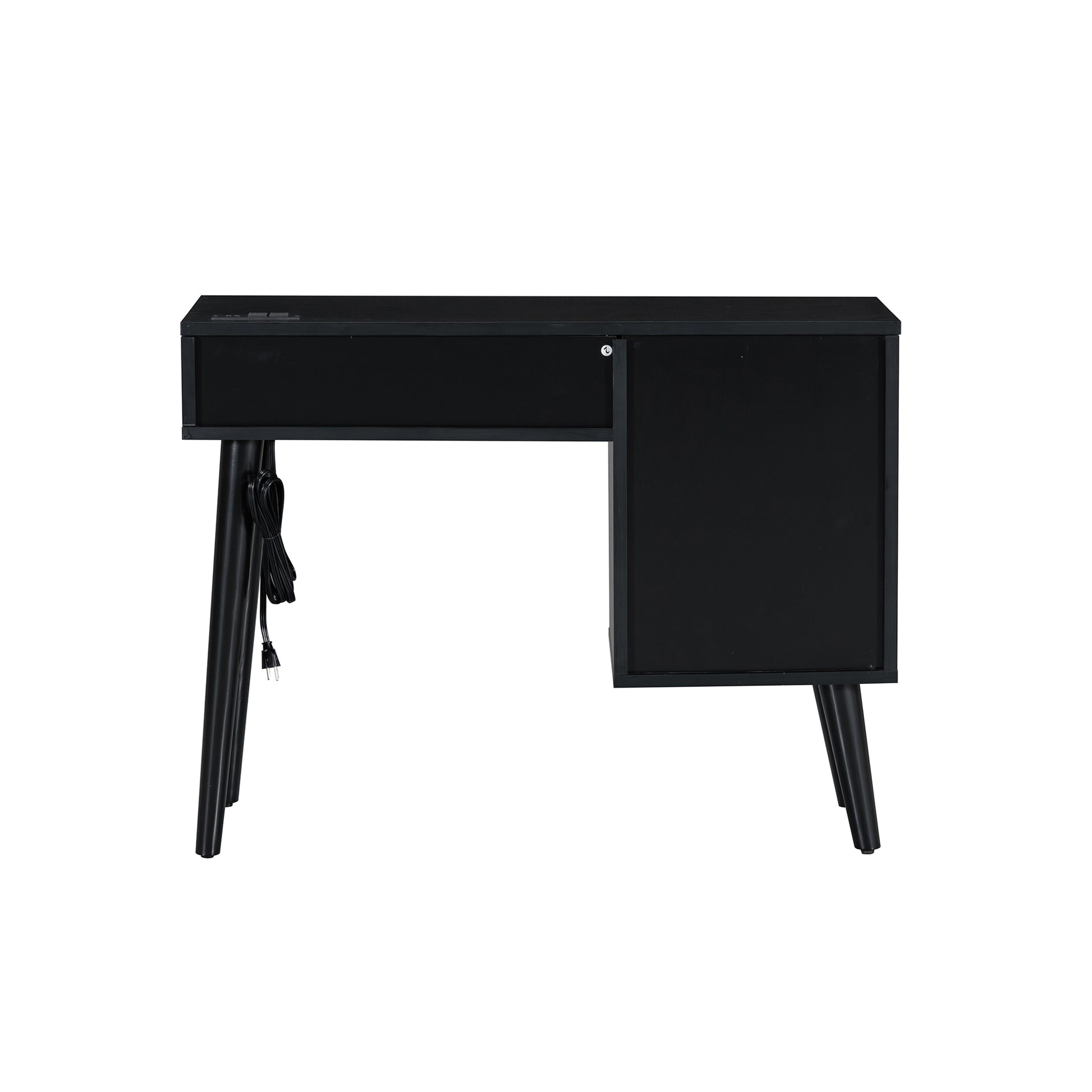 39" Retro Bohemian Style Wooden Makeup Vanity Set With Charging Plug&Usb Port And Stool, Dressing Table With 3 Storage Drawers And 1 Rectangular Rattan Drawer, Black Black 4 Drawers Wood