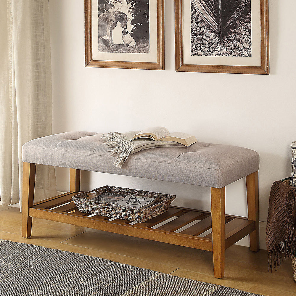 Light Grey And Oak Tufted Padded Seat Bench Light Grey Bedroom Grey Contemporary Shelves Wood Fabric