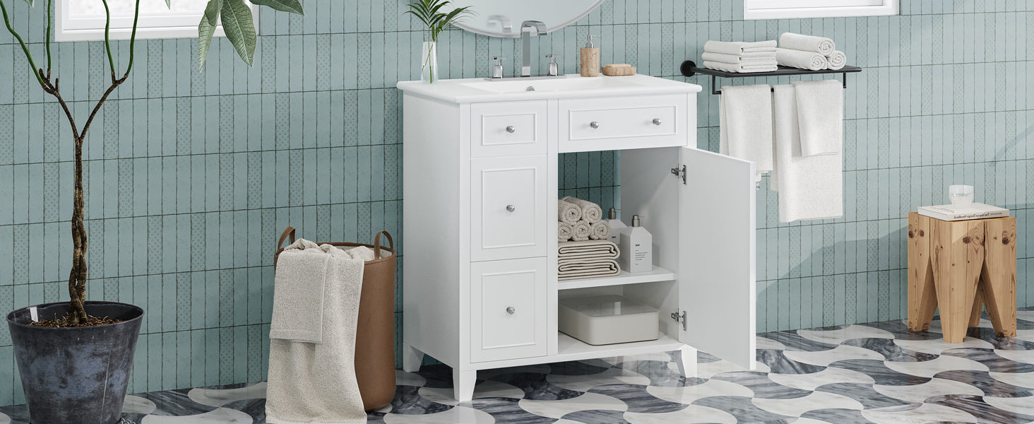 30 Inch Bathroom Vanity Cabinet With Ceramic Basin, Double Layer Drawer, Deep Drawer And Adjustable Shelf White Bathroom Solid Wood Mdf