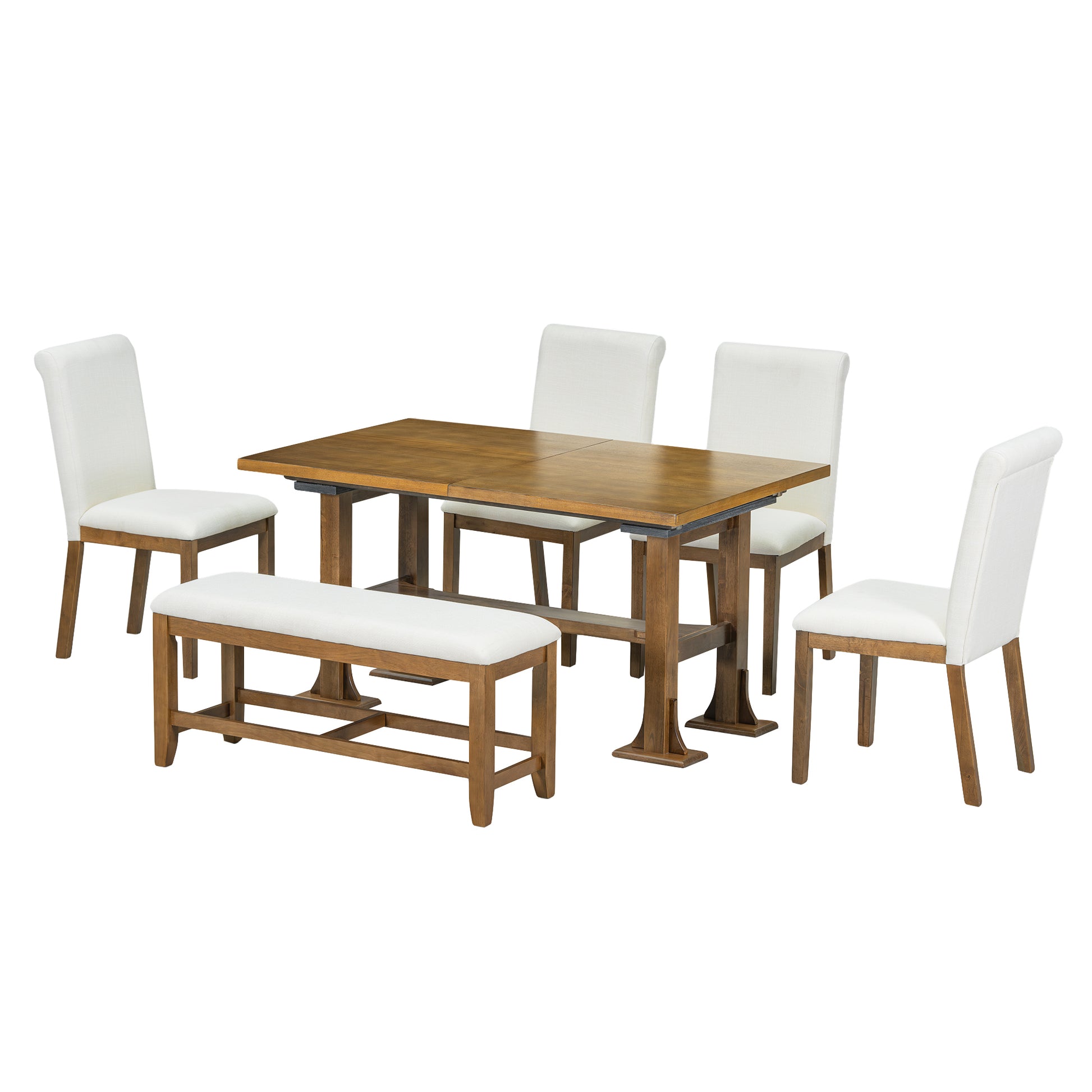 Farmhouse 76Inch 6 Piece Extendable Dining Table Set Trestle Kitchen Table Set With 18Inch Removable Leaf And Upholstered Dining Chair And Bench For Dining Room, Dark Brown Wood Dining Room Extendable Rubberwood Rectangular Dining Table With Chair And