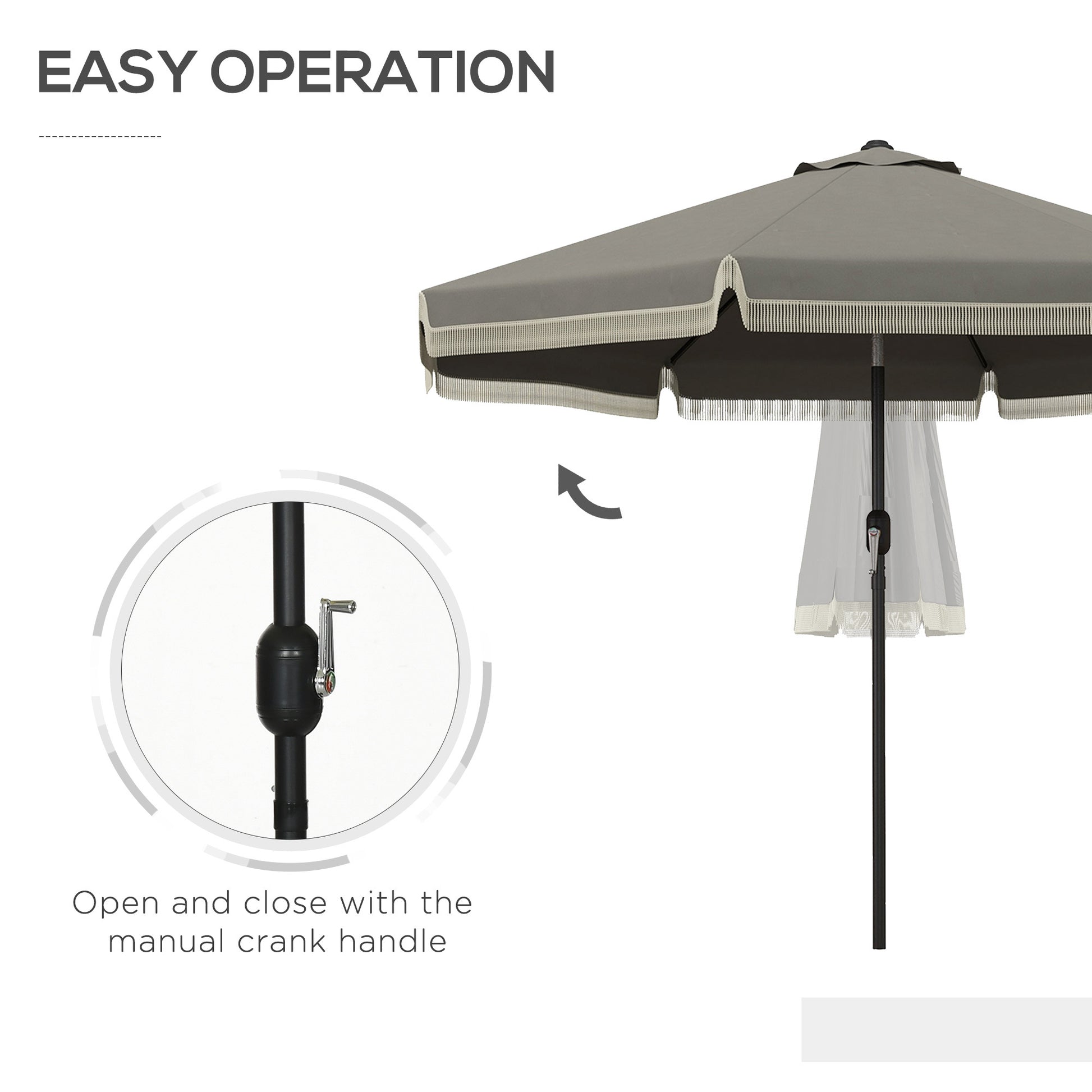 Outsunny 9Ft Patio Umbrella With Push Button Tilt And Crank, Ruffled Outdoor Market Table Umbrella With Tassles And 8 Ribs, For Garden, Deck, Pool, Dark Gray Dark Grey Polyester