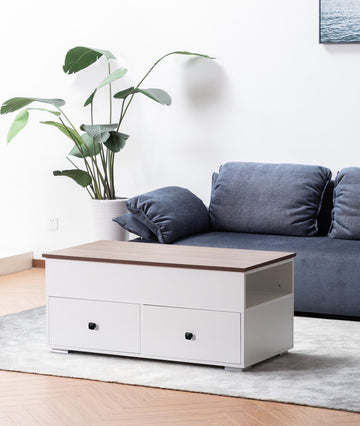 Luna 45.5" White Coffee Table With Brown Walnut Finish Lift Top, 2 Drawers, And 2 Shelves White Particle Board