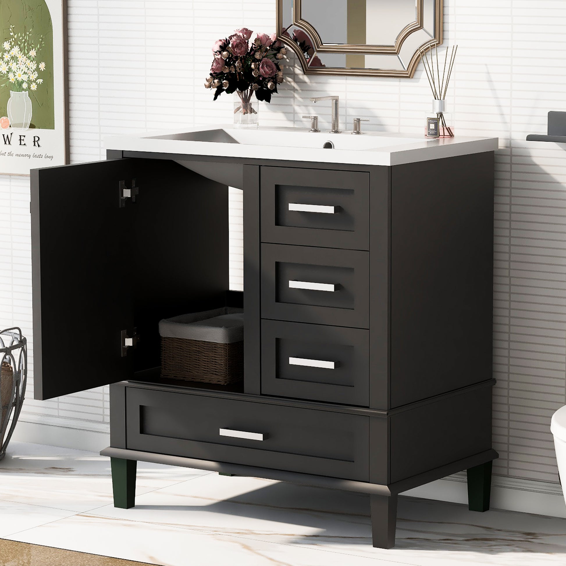 30" Bathroom Vanitymodern Bathroom Cabinet With Sink Combo Set, Bathroom Storage Cabinet With A Soft Closing Door And 3 Drawers, Solid Wood Frame Black Black Bathroom Solid Wood Mdf