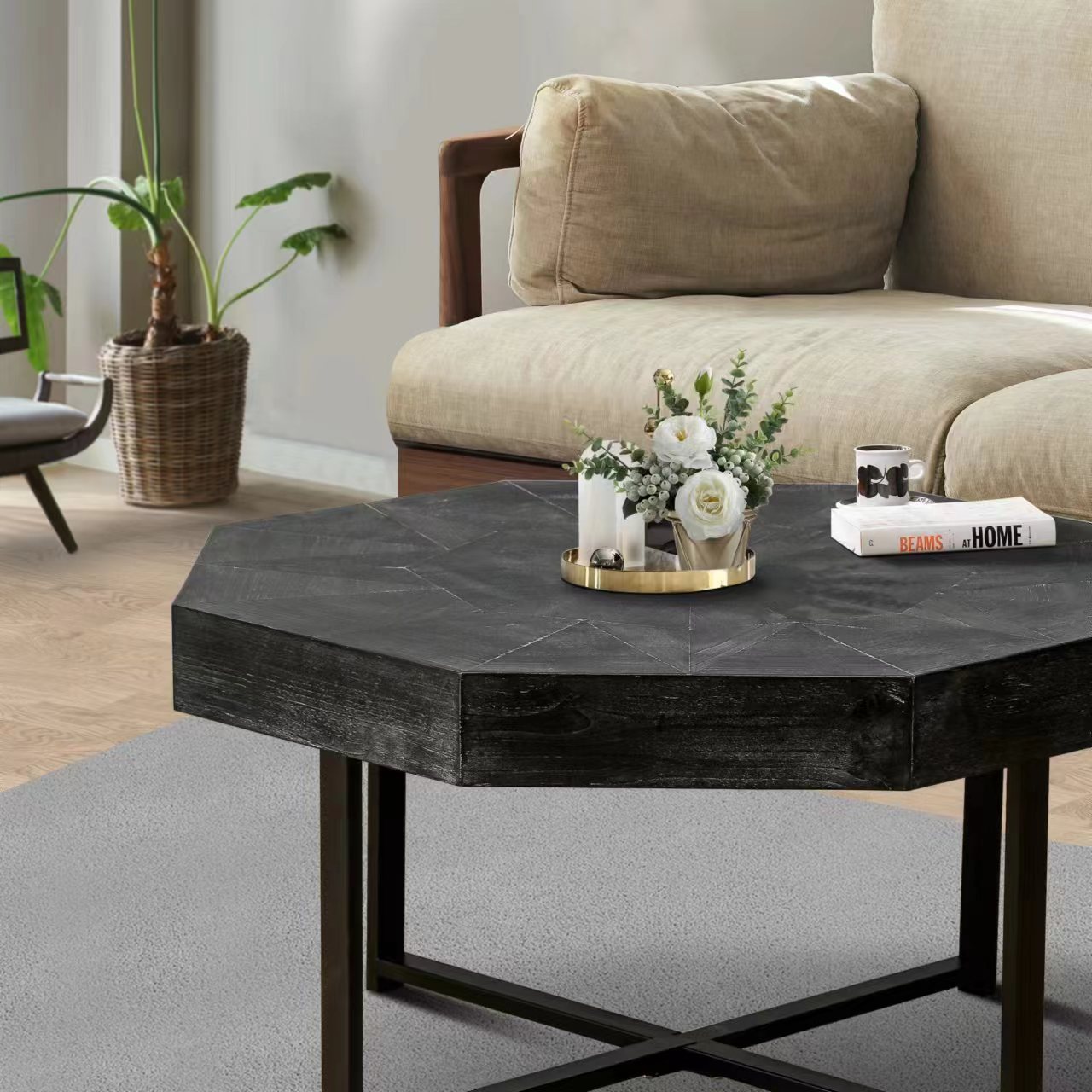 Wood Octagonal Vintage Patchwork Craft Farmhouse 30 Inch Wooden Table Top Cross Metal Legs Coffee Table For Living Room Antique Black Antique Black Primary Living Space Floor Mount Open Storage Coffee & End Tables Mdf Mdf