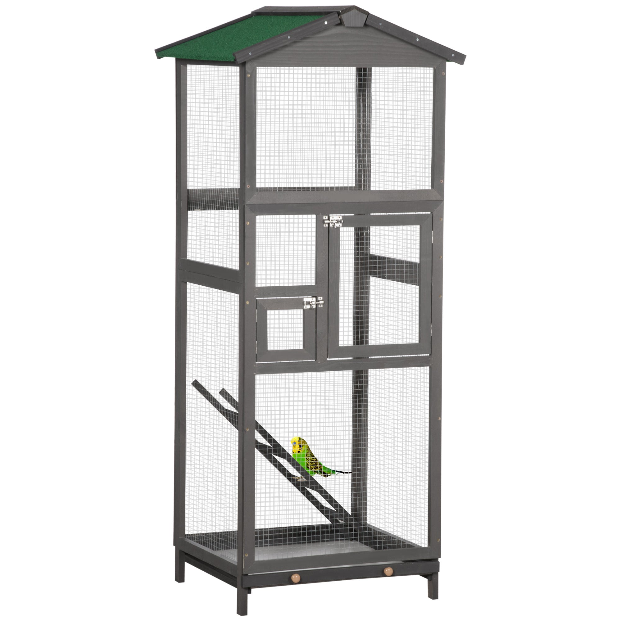 Pawhut 65" Wooden Bird Cage Outdoor Aviary House For Parrot, Parakeet, With Pull Out Tray And 2 Doors, Grey Gray Wood