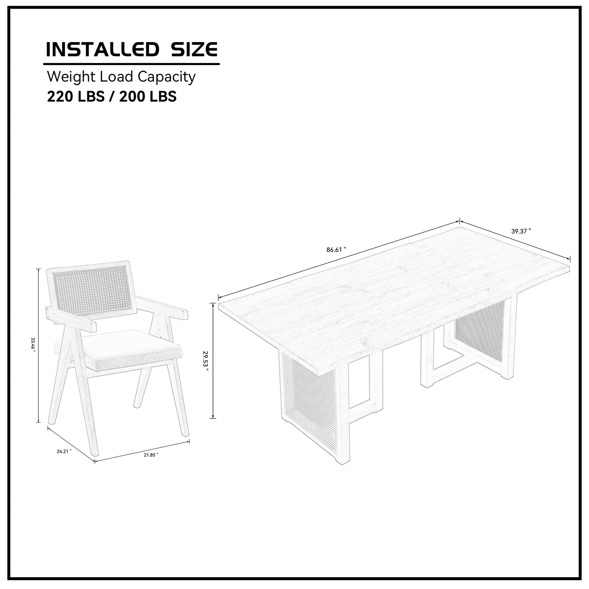 86.61 Inch Oversize Rectangular Waves Dining Table Set,7 Pcs Wooden Dining Table And Chairs,Mid Century Modern Large Kitchen Set For Living Room,Bohemian Dining Table With Rattan Weave For