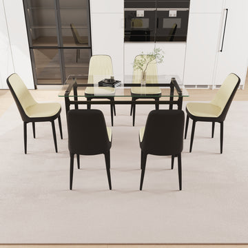 51" 6 Person Glass Dining Table Set, Kitchen Set With Black Metal Leg Dining Table And Chairs, Modern Rectangular Tempered Glass Tabletop And Dining Room Thick Cushioned Pu Dining Chair Beige Black