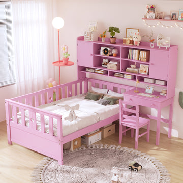 Twin Size Multifunctional Wood Platform Bed With Bookshelf At The Head Of The Bed, Built In Desk And Matching Chair, Pink Twin Pink Wood