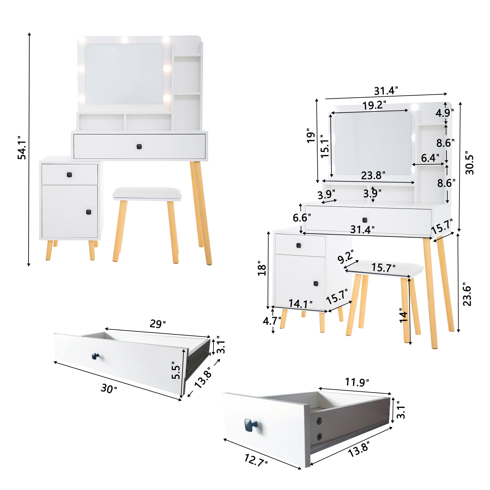 Dressing Table With Hollywood Led Mirror, Light Adjustable Brightness, Dressing Table, Padded Stool Set, White, Wooden Cosmetic Table With Drawer And Storage Cabinet White Drawer 2 Drawers Bedroom Modern 2 Or Less Mirror Included White Particle Board Mdf