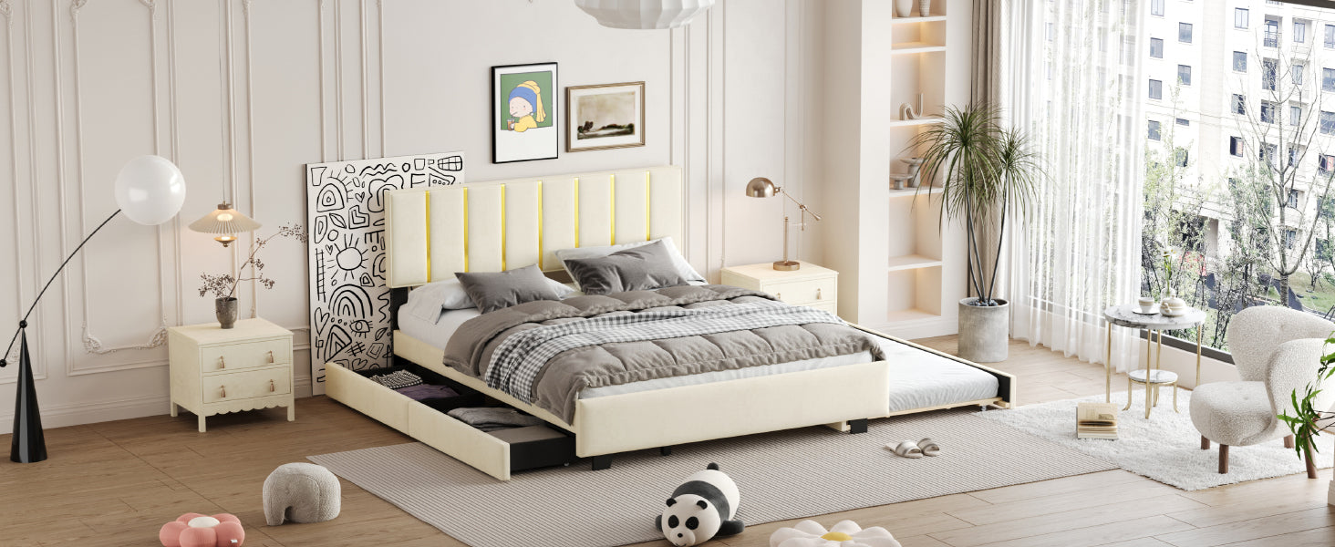 Queen Size Upholstered Platform Bed With 2 Drawers And 1 Trundle, Classic Metal Strip Headboard Design, Beige Queen Beige Mdf Lvl