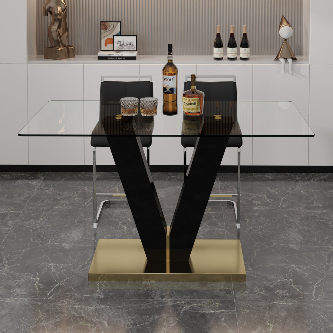 Table And Chair Set. A Rectangular Glass Dining Table With A 0.4 Inch Tempered Glass Tabletop And Mdf Board V Shaped Bracket, Paired With 2 Chairs Consisting Of Pu Seat Cushions And Silver Metal Legs. Black Seats 2 Tempered Glass