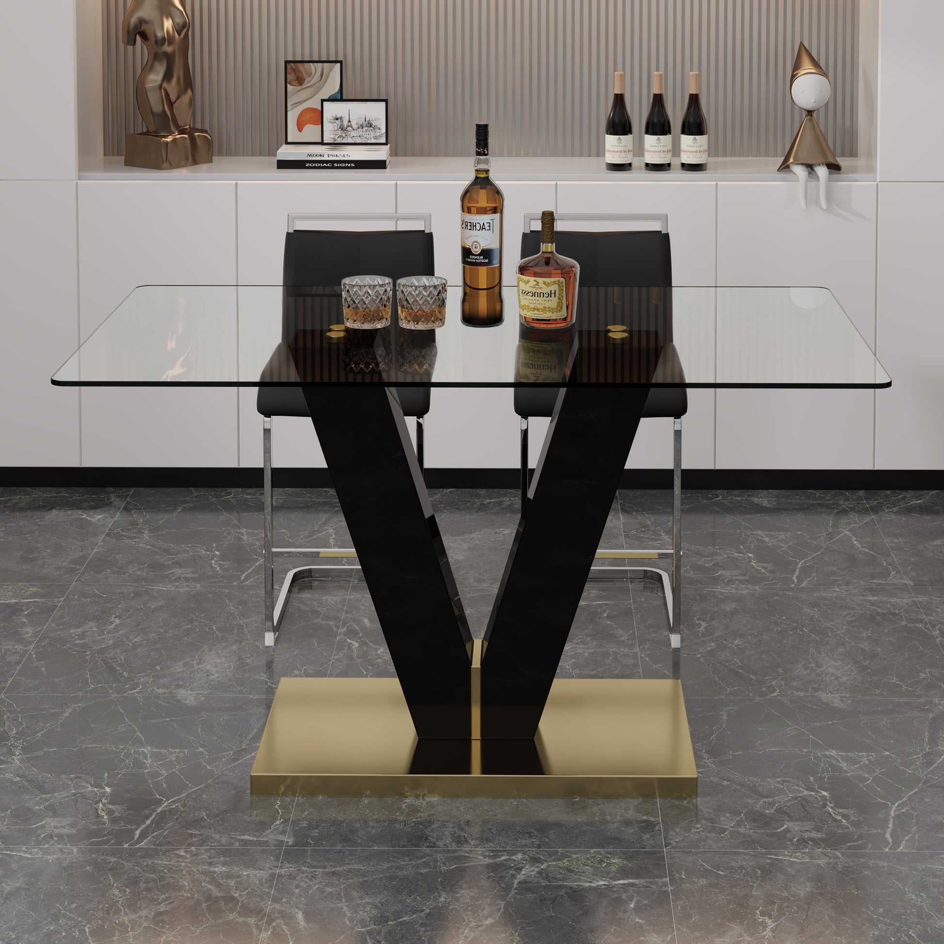 Table And Chair Set. A Rectangular Glass Dining Table With A 0.4 Inch Tempered Glass Tabletop And Mdf Board V Shaped Bracket, Paired With 2 Chairs Consisting Of Pu Seat Cushions And Silver Metal Legs. Black Seats 2 Tempered Glass