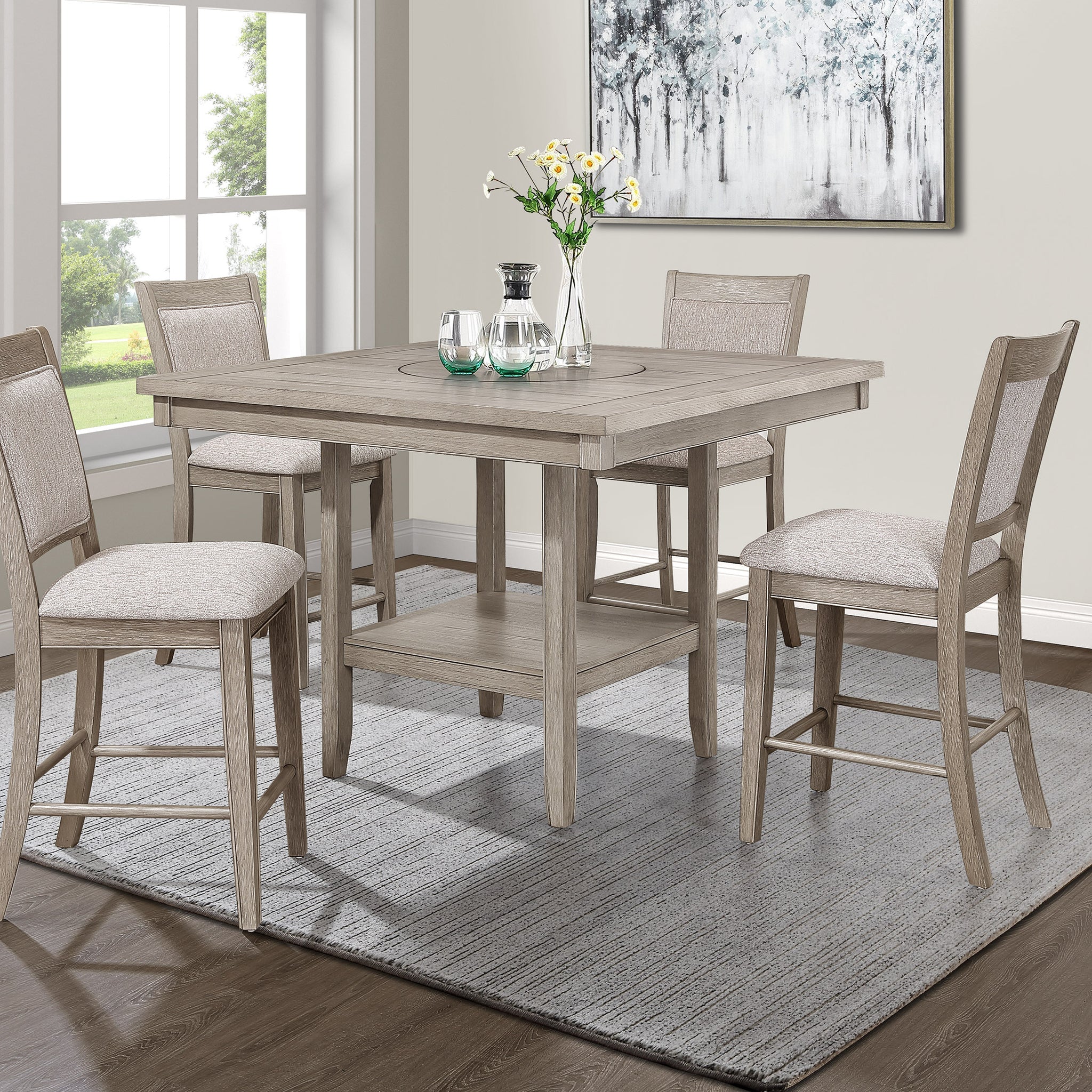 5Pc Dining Set Contemporary Farmhouse Style Counter Height W 20 Inch Lazy Susan All Gray Finish Upholstered Chairs Wooden Wood Veneers Solid Wood Dining Room Furniture Upholstered Chair Wood Antique