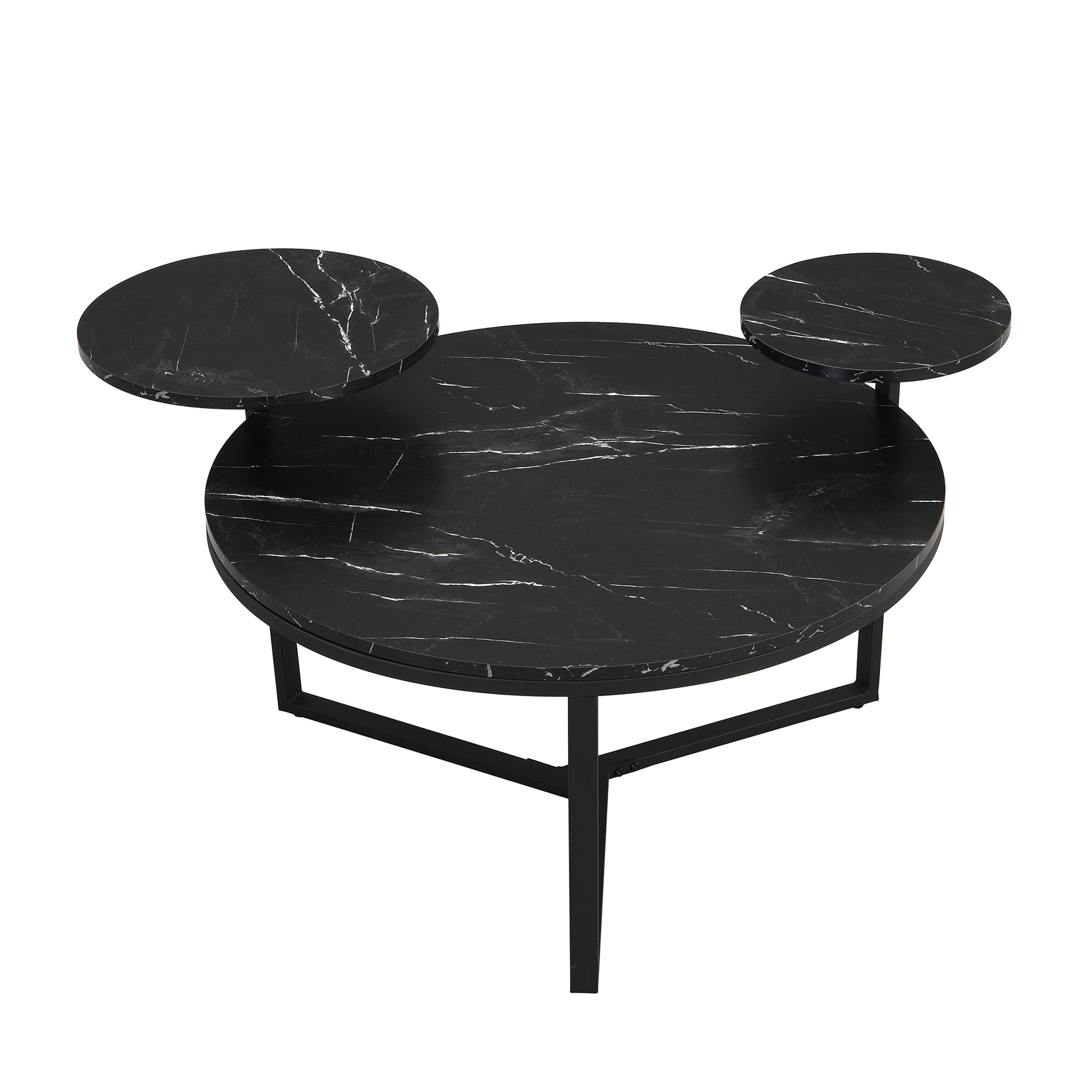 Modern Coffee Table With Two Display Shelves, Black Faux Marble Surfaces, Tripod Inspired Base,Rounded Tabletop Edges Matte Black Mdf