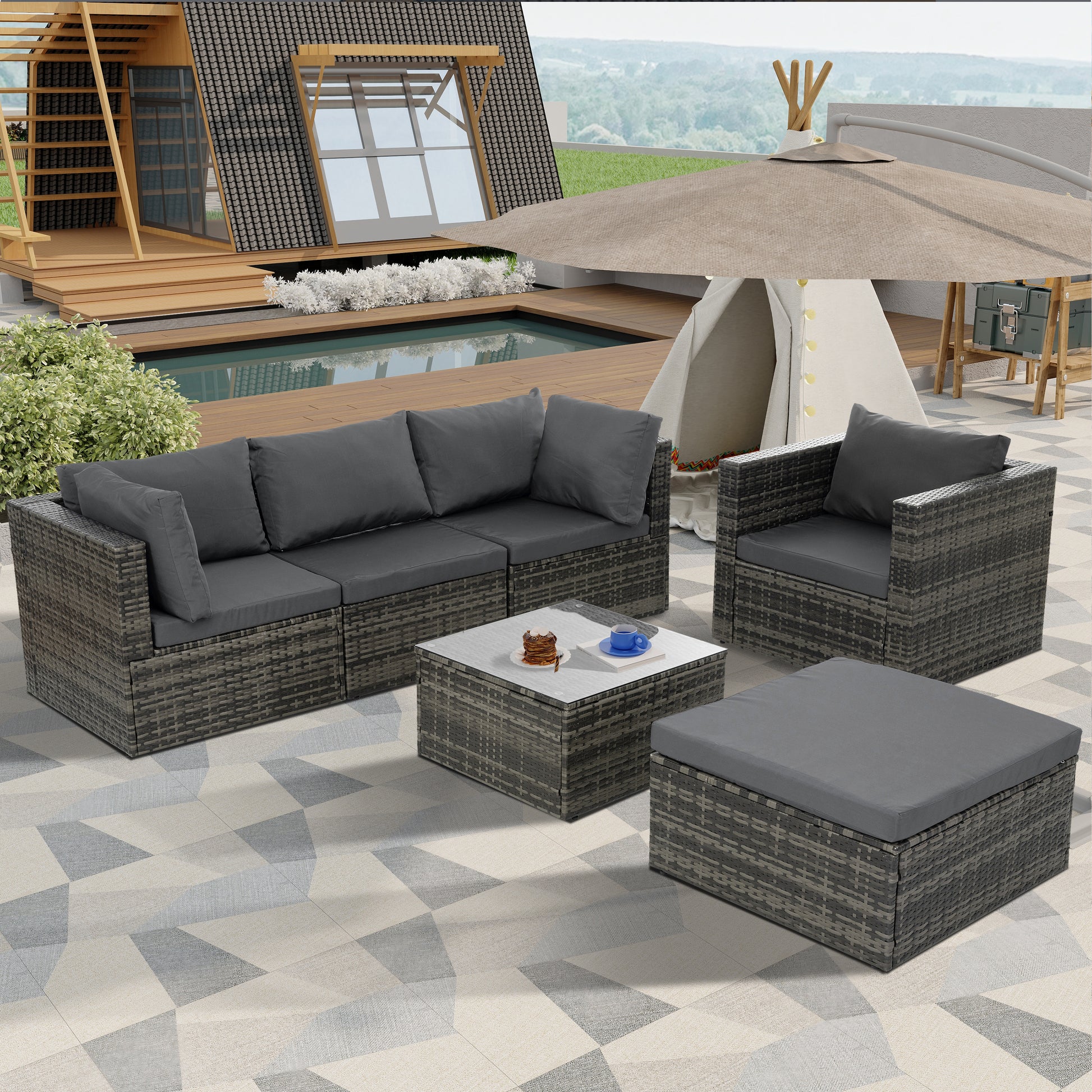 Patio Furniture, Outdoor Furniture, Seasonal Pe Wicker Furniture, 6 Set Wicker Furniture With Tempered Glass Coffee Table Dark Gray Seats 4 Pe Rattan Iron Waterproof Fabric