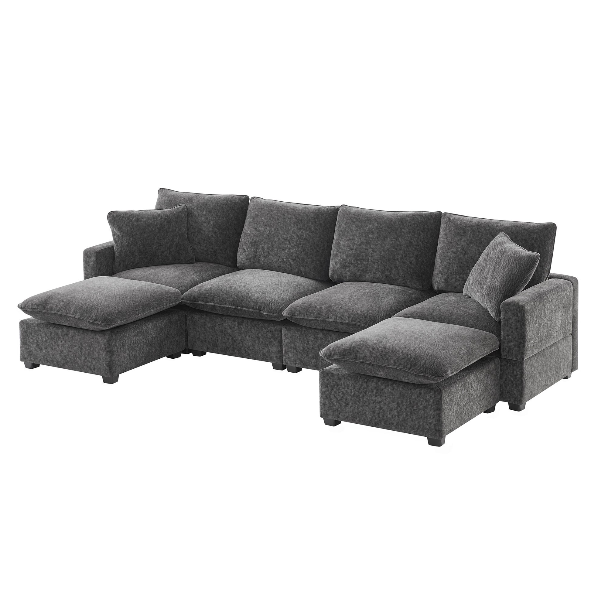 110*57" Modern U Shape Modular Sofa, 6 Seat Chenille Sectional Couch Set With 2 Pillows Included, Freely Combinable Indoor Funiture For Living Room, Apartment, Office, 2 Colors Black Grey Chenille 6 Seat