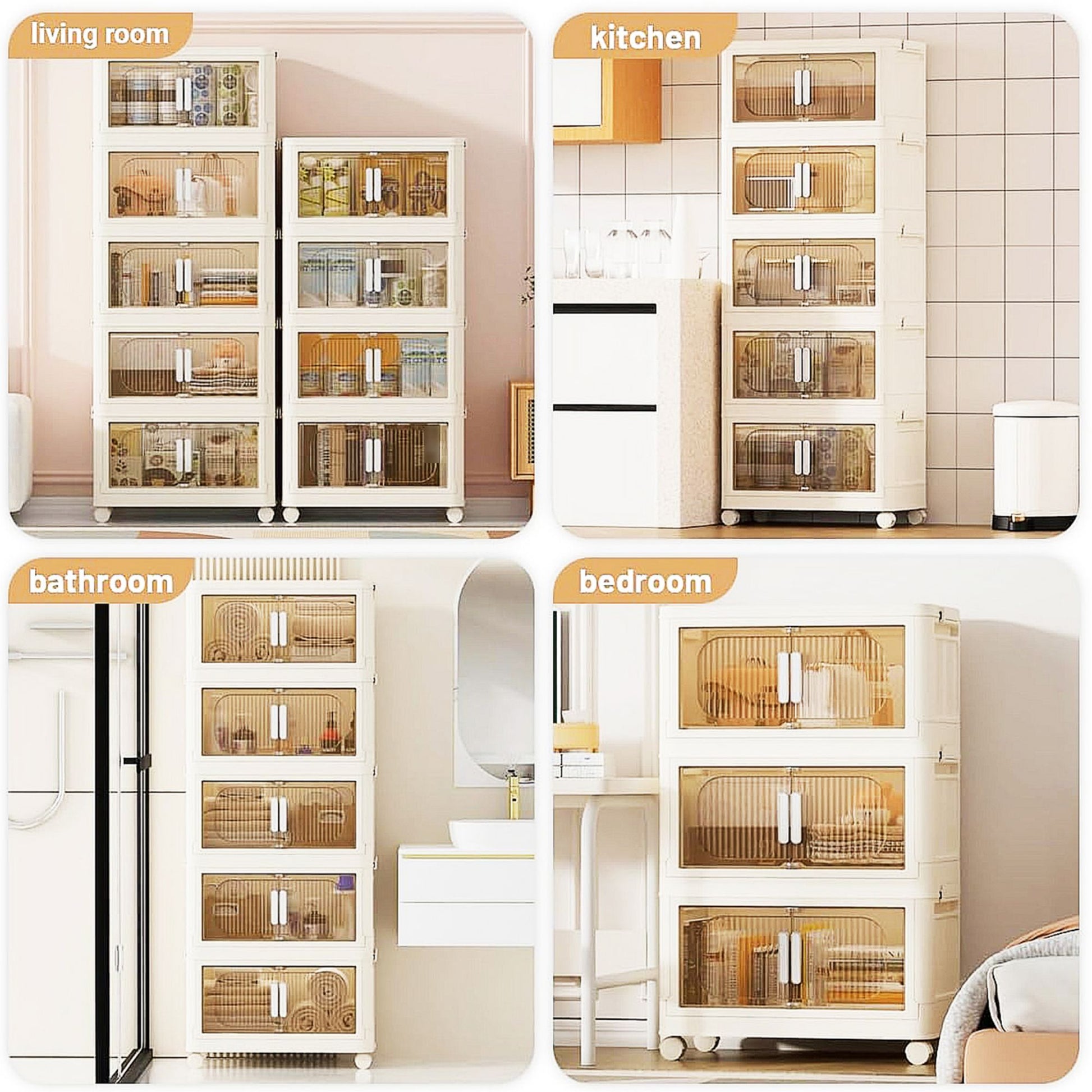 19.69" Side Wide Folding Storage Cabinet ,3 Tiers,19.69" 11.81" 31.1",Collapsible Storage Bins With Magnetic Door, Plastic Storage Cabinet With Wheels, Closet Organizers And Storage Containers Cream White Plastic