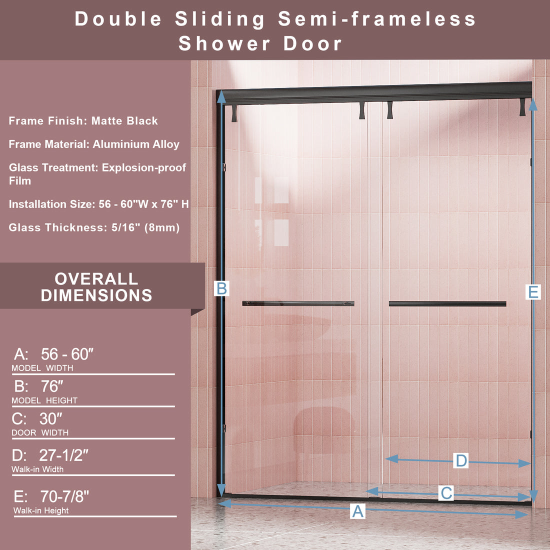 56 60 In. W X 76 In. H Semi Frameless Shower Door, Double Sliding Shower Door, 5 16" 8Mm Clear Tempered Glass Shower Door With Explosion Proof Film, Matte Black 24D212 60Mb Combo 1 Matte Black Aluminium Alloy