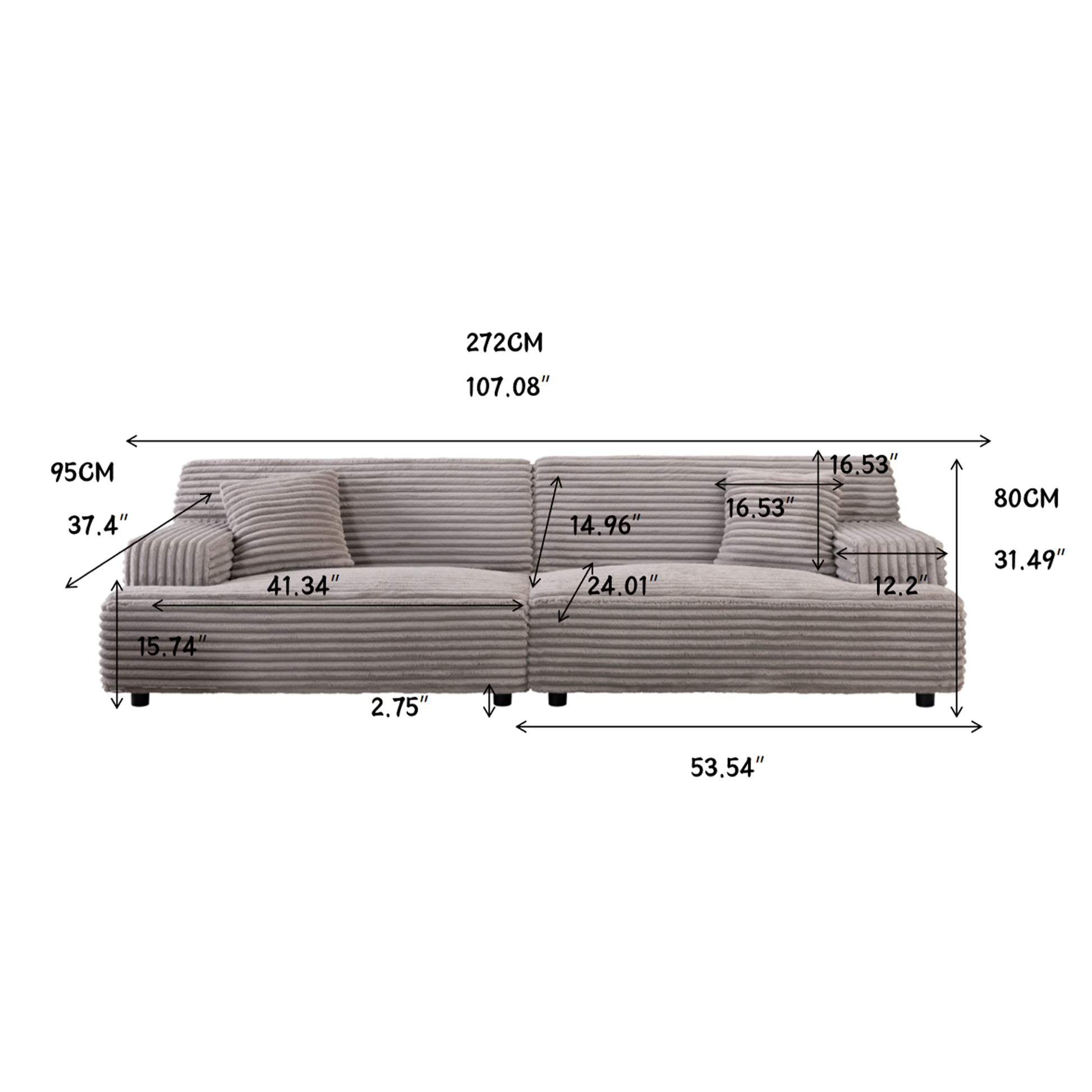 2291 G Modern Sofa, Comfortable Cloud Sofa Soft Plush Corduroy Interior With Square Armrests, Living Room, Bedroom,Grey Sofa Gray Corduroy 3 Seat