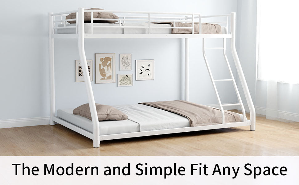 Metal Bunk Bed Twin Over Full Size With Removable Stairs, Heavy Duty Sturdy Frame With 12" Under Bed Storage For Teen & Adults, Teens, No Box Spring Needed, White Box Spring Not Required Full White Metal Bedroom Metal