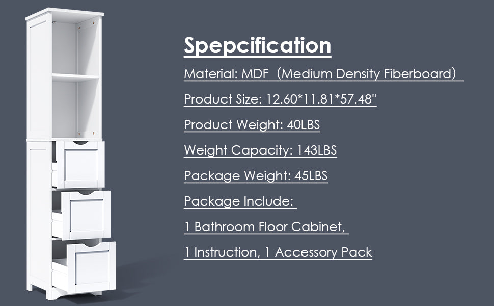 Bathroom Tall Storage Cabinet, Slim Free Standing Cabinet With 3 Drawers And 2 Shelves,Floor Cabinet For Small Space, 11.8" D X 12.6" W X 57.5" H, White Ameican White Oak Rubber Wood