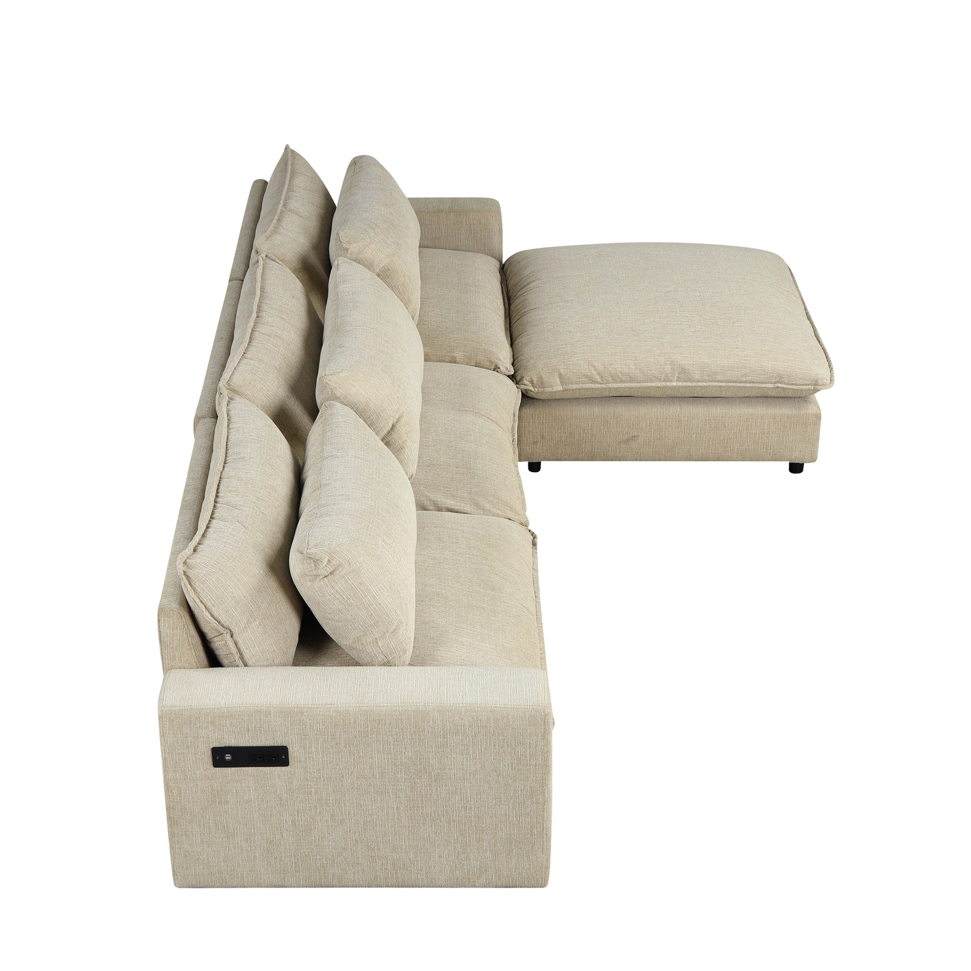 128" Sectional Sofa Cloud Sofa Chenille Upholstered Sofa Couch With Movable Ottoman, Comfortable Seat Cushions, Charging Ports And Three Back Pillows For Living Room, Beige Beige Foam Chenille 4 Seat