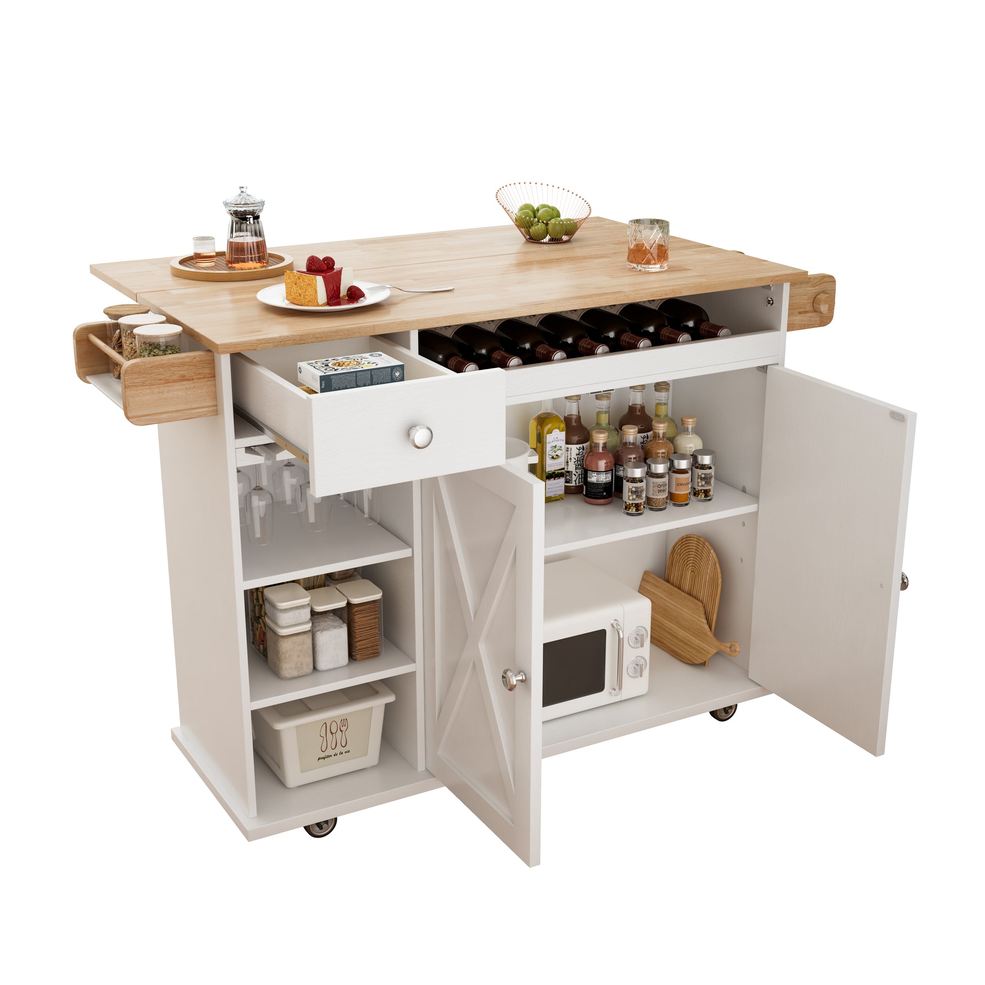 44 Inch Kitchen Island Cart With Solid Wood Top, Wine Storage, Spice Rack, Towel Rack, Wine Glass Holder, Rolling Kitchen Island Table On Wheels, Tool Free Installation, White & Oak White Solid Wood Mdf