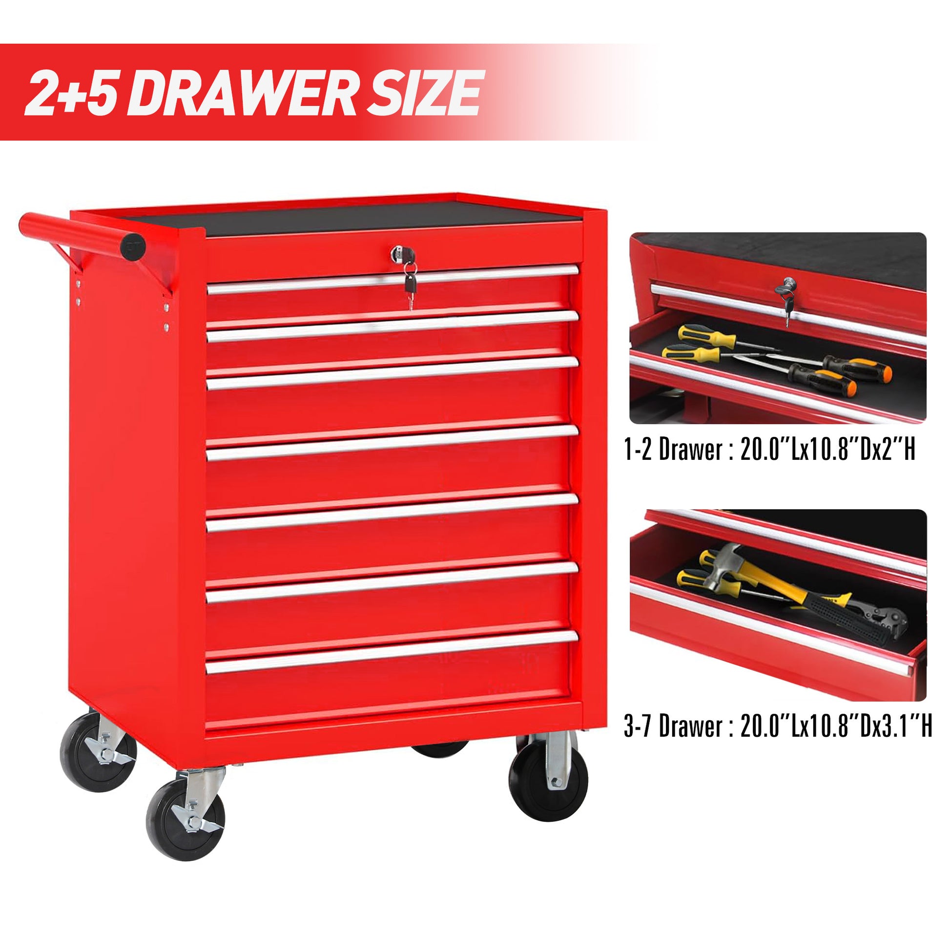 Rolling Tool Chest With 7 Drawer Tool Box With Wheels Multifunctional Tool Cart Mechanic Tool Storage Cabinet For Garage, Warehouse, Workshop, Repair Shop Red Steel