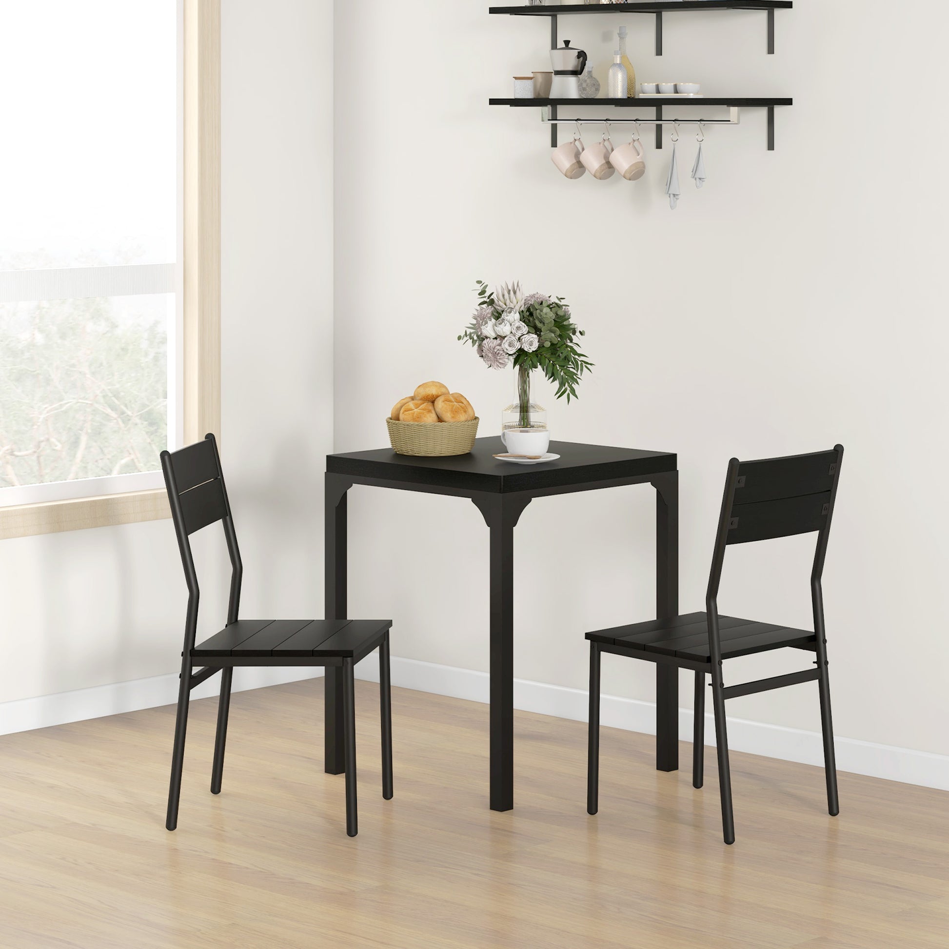 Homcom 3 Piece Dining Table Set For 2, Modern Kitchen Table And Chairs, Dining Room Set For Breakfast Nook, Small Space, Apartment, Space Saving, Black Black Mdf