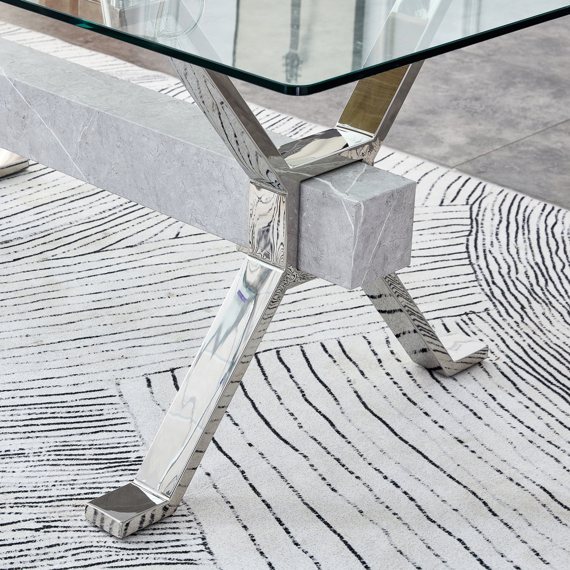 Dining Table. Modern Tempered Glass Dining Table. Large Modern Office Desk With Silver Plated Metal Legs And Mdf Crossbars, Suitable For Both Home And Office Use. Kitchen. 71 ''X35.4''X30 '' 1105 Transparent Glass