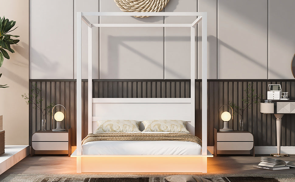 Queen Size Wood Led Canopy Bed ,Canopy Platform Bed With Support Slats, No Box Spring Needed, White Queen White Plywood