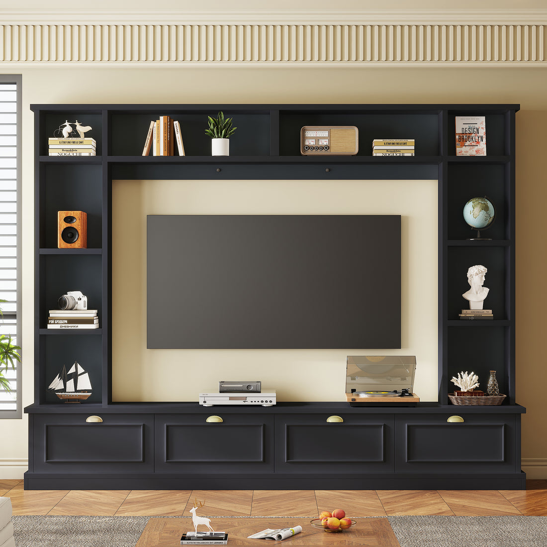 Large Wall Unit Entertainment Center With Bookshelves For Tvs Up To 78'', Modern Tv Console With Cabinets And Open Shelves, 4 In 1 Tv Stand With Golden Handles, Black, 104.2''W*81.2''H Black 70 79 Inches Mdf