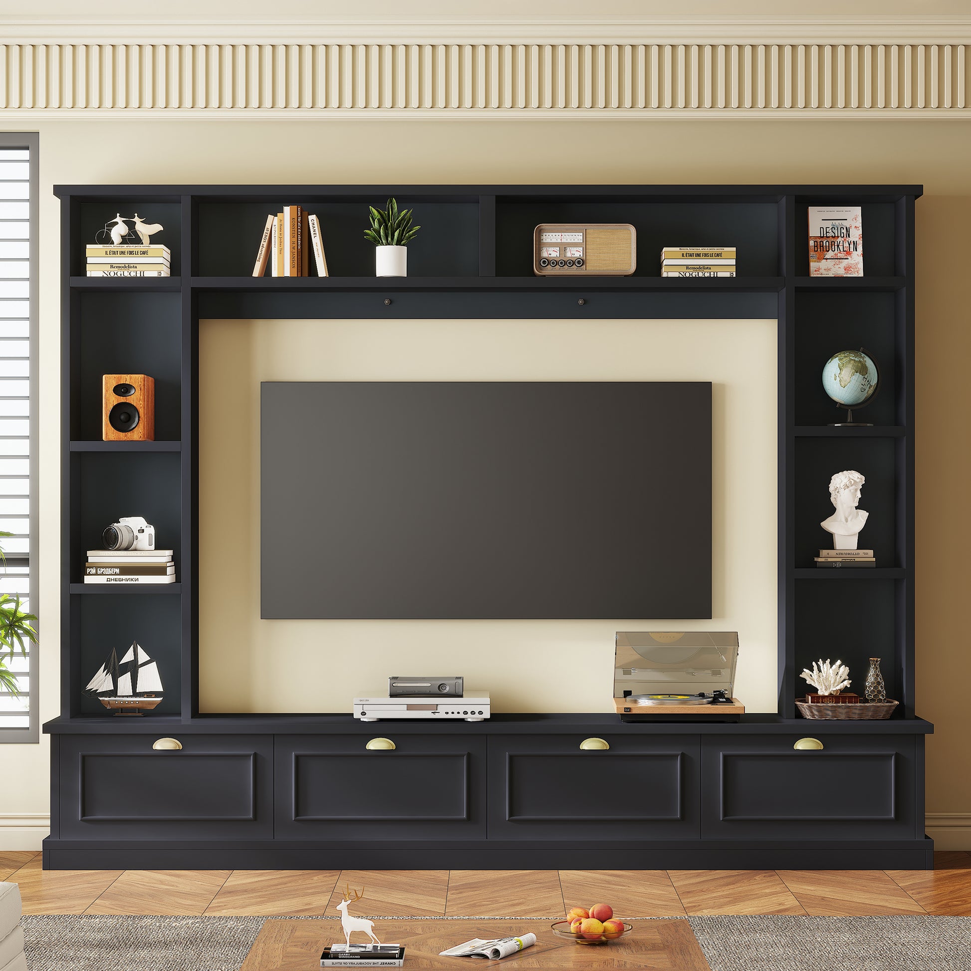 Large Wall Unit Entertainment Center With Bookshelves For Tvs Up To 78'', Modern Tv Console With Cabinets And Open Shelves, 4 In 1 Tv Stand With Golden Handles, Black, 104.2''W*81.2''H Black 70 79 Inches Mdf