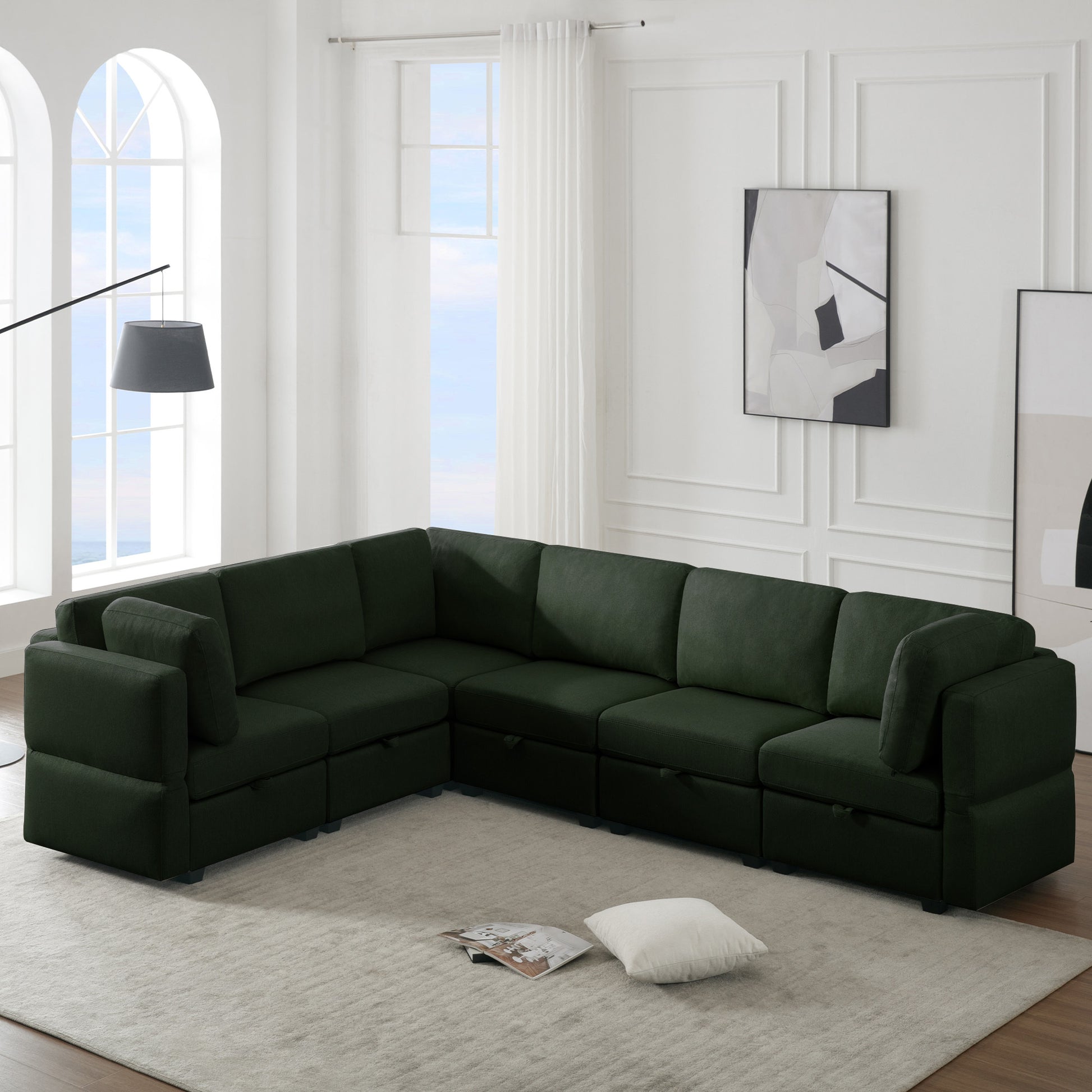 L Shaped Modular Sectional Corner Sofa Couch, 6 Seat Modular Sectional Sofa With Chaise For Living Room, Adjustable Arms And Backs Green Green Polyester 6 Seat