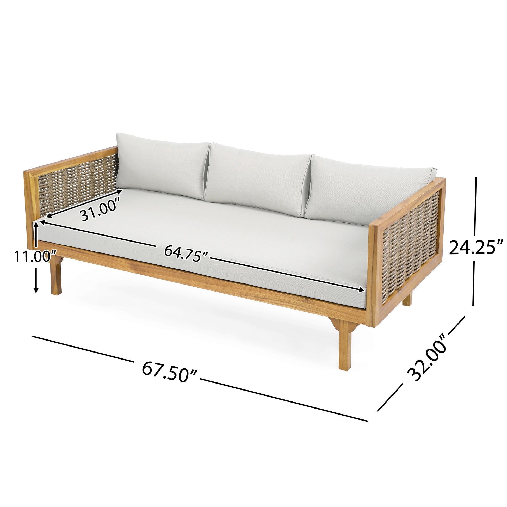 Claremont 3 Seater Daybed With Rattan Arms Light Grey Cushion Teak Wood Fabric Rattan