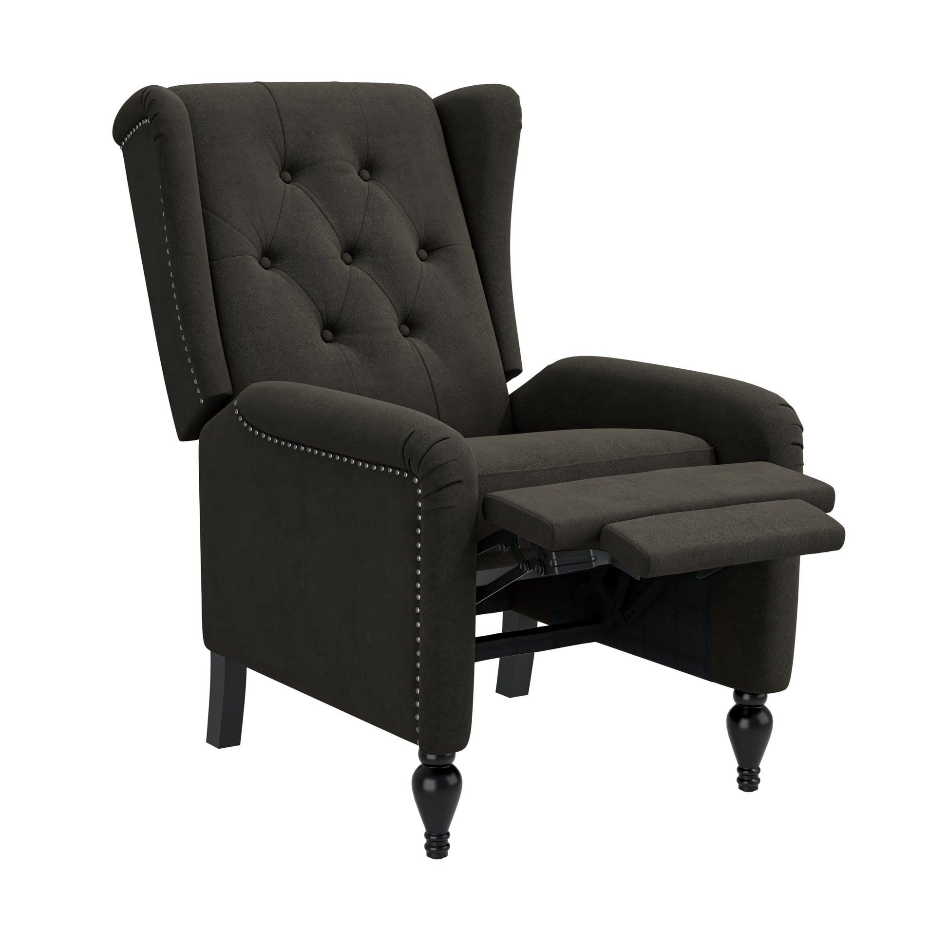 The Haven Recliner Charcoal Grey Espresso Velvet Manual Push Back Wood Soft Loose Back Poplar Flared Arms Polyester