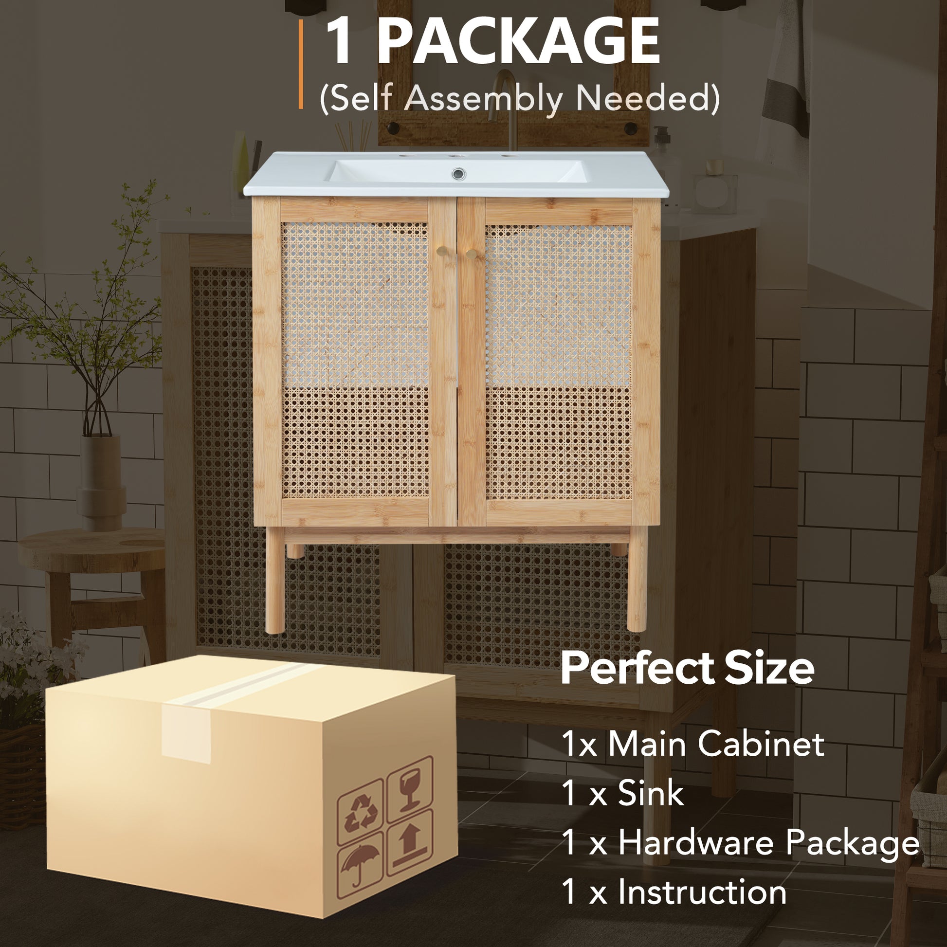 30 Inch Bathroom Vanity Crafted From Natural Materials, Featuring Handmade Rattan Doors And Soft Closing Mechanisms Wood Wood Rattan
