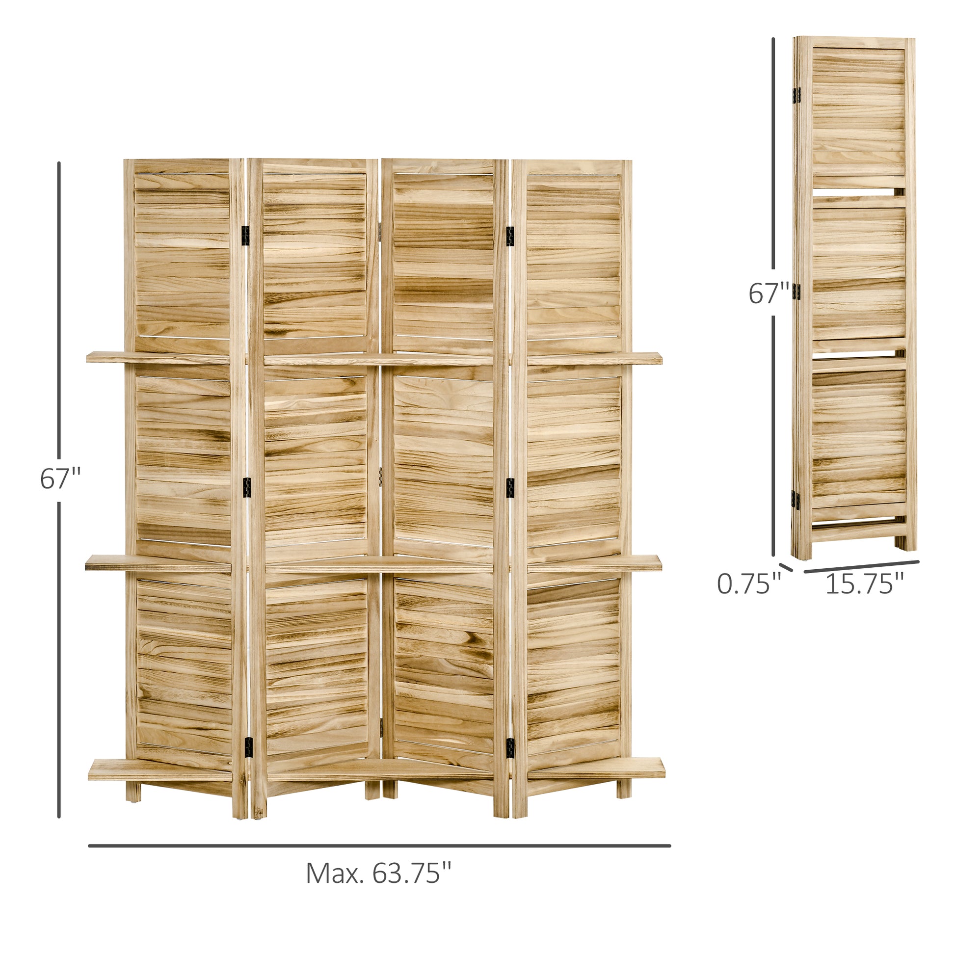 Homcom 4 Panel Folding Room Divider, 5.6 Ft Freestanding Paulownia Wood Privacy Screen Panel With Storage Shelves For Bedroom Or Office, Natural Wood Color Natural Wood Wood