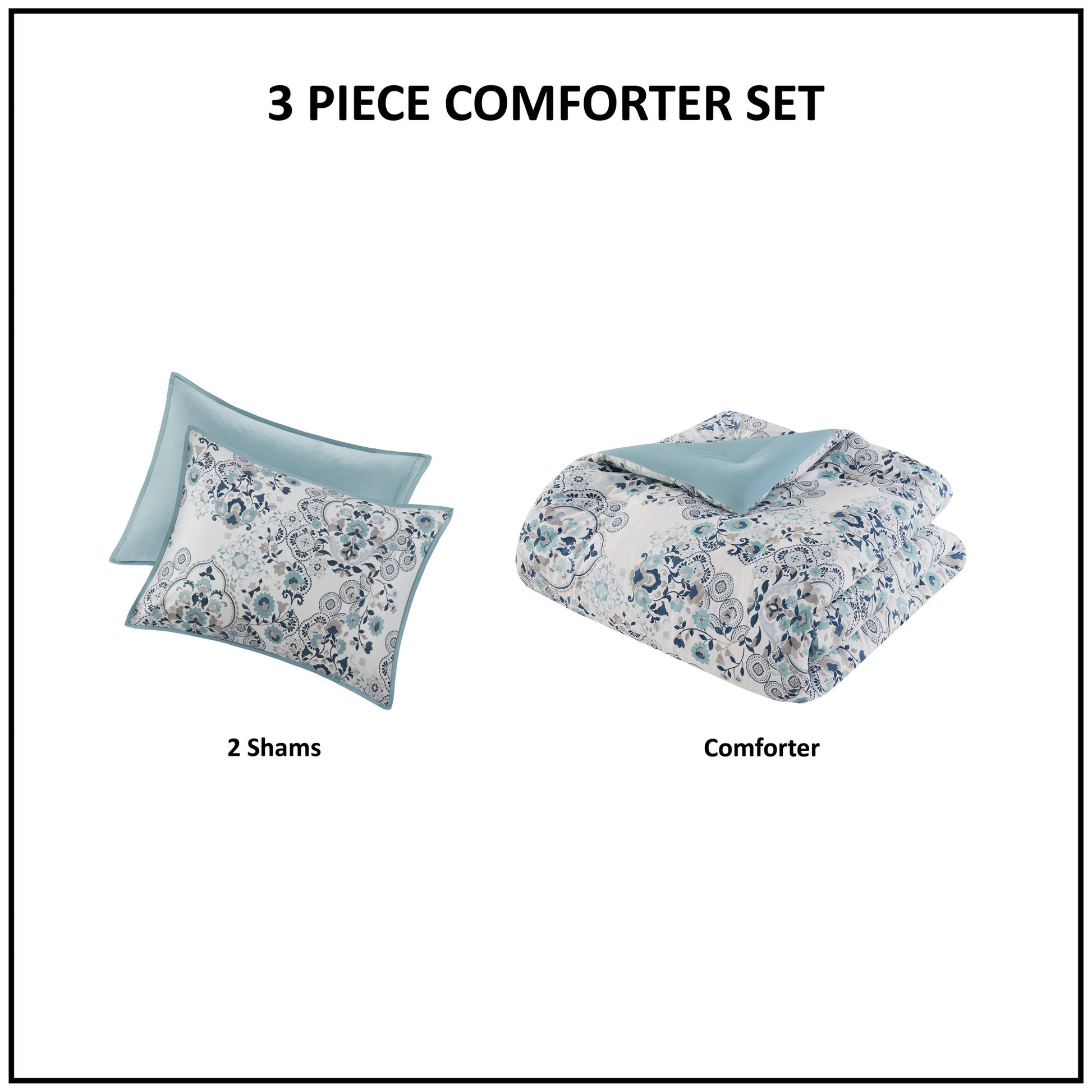 3 Piece Floral Printed Cotton Comforter Set Blue King Cal King King Blue Cotton