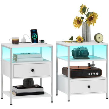 Homcom Set Of 2 End Tables With Charging Stations And Led Lights, 3 Tier Side Tables With Usb Ports And Outlets, Drawer And Shelves For Living Room, White White Particle Board