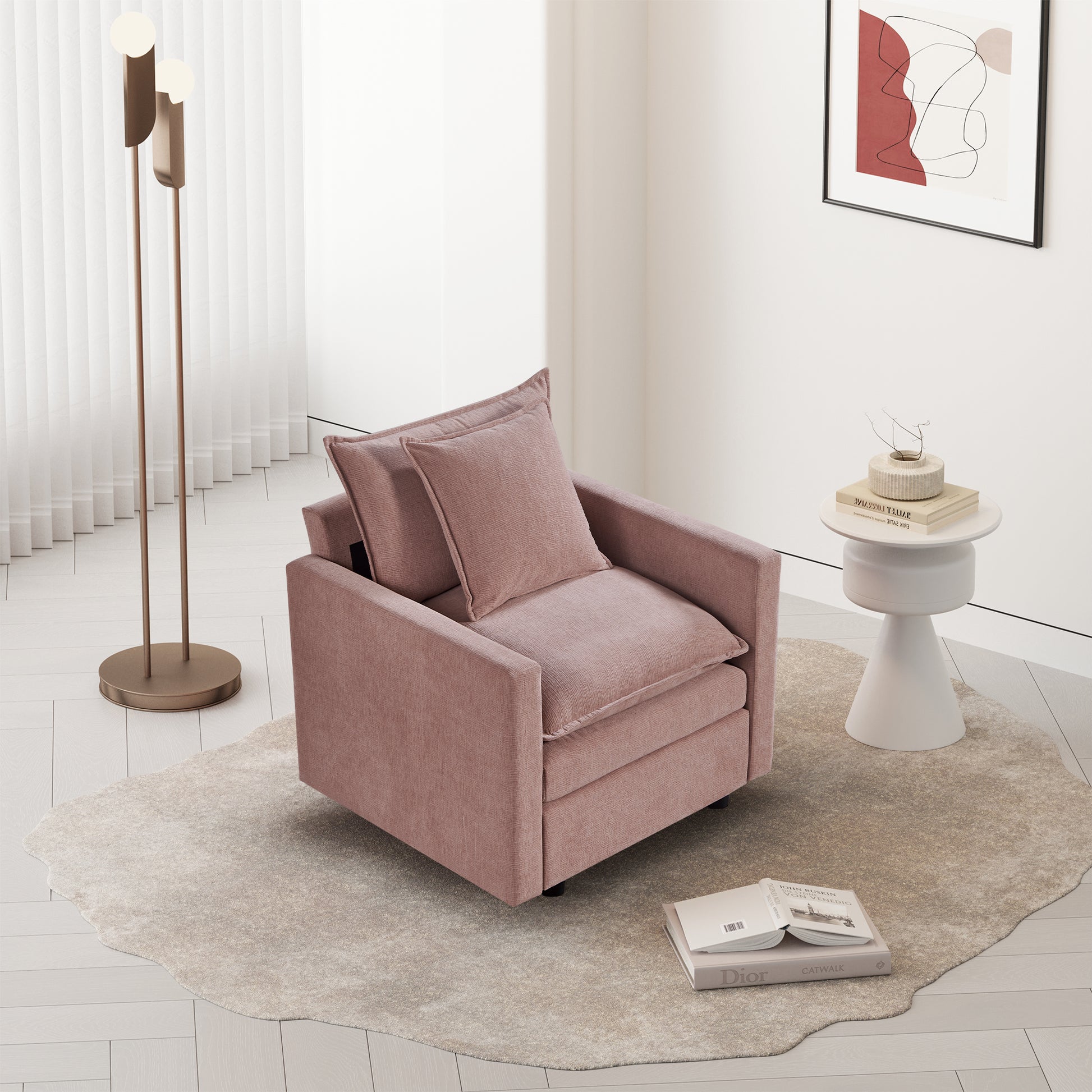 Chenille Fabric Comfy Deep Single Seat Sofa Upholstered Reading Armchair Living Room Pink Wood Foam Chenille 1 Seat