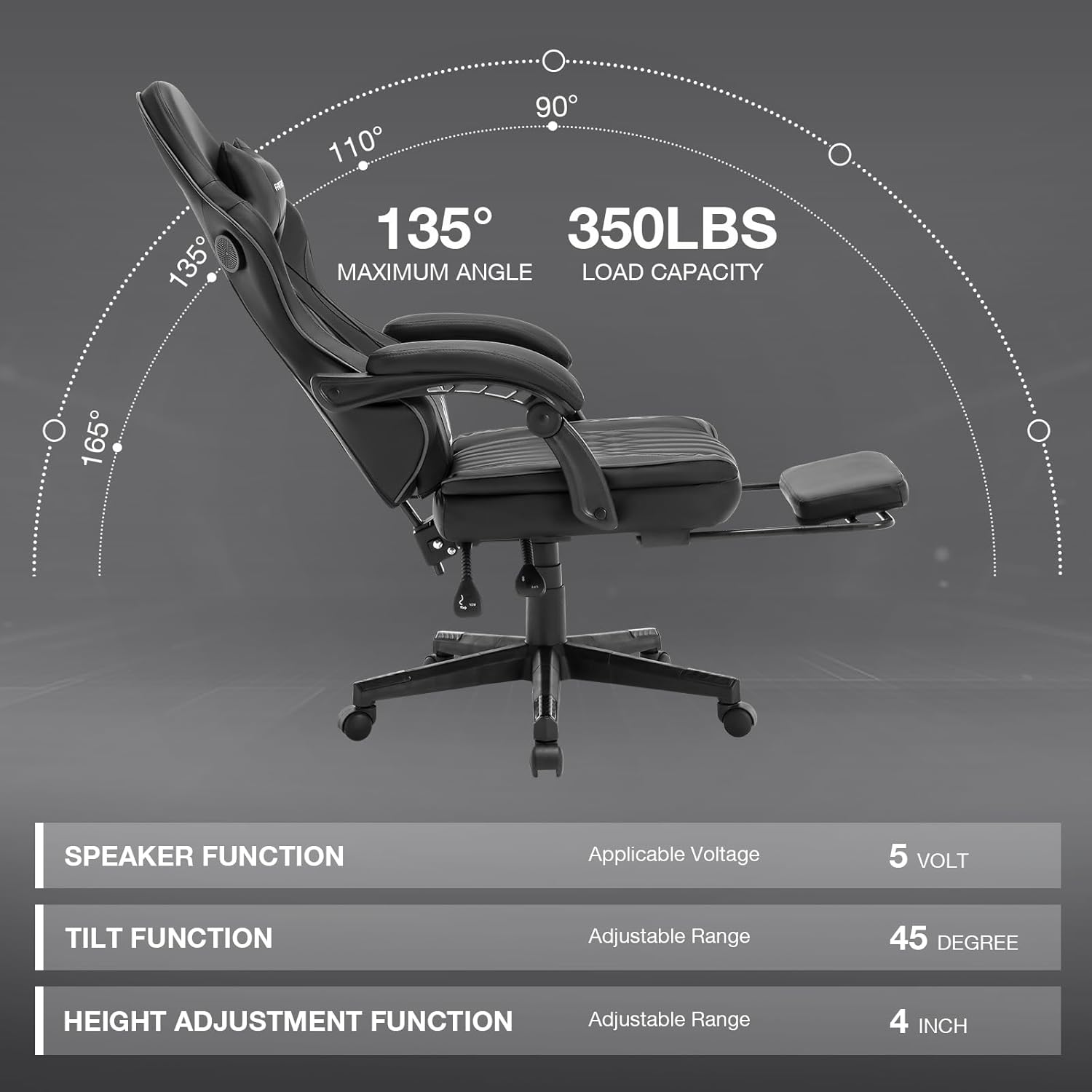 Gaming Chair With Speakers, High Back Computer Chair With Footrest, Lumbar Support And Headrest, Big And Tall Gamer Chairs With Heavy Duty Base Linkage Armrests For Adults Nylon Black Foam Faux